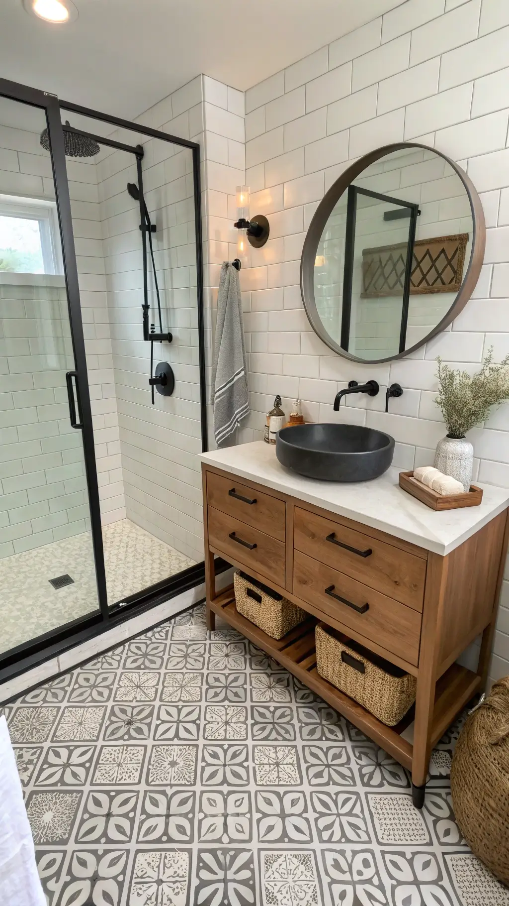 High angle view of a modern 6x8ft barn bathroom...