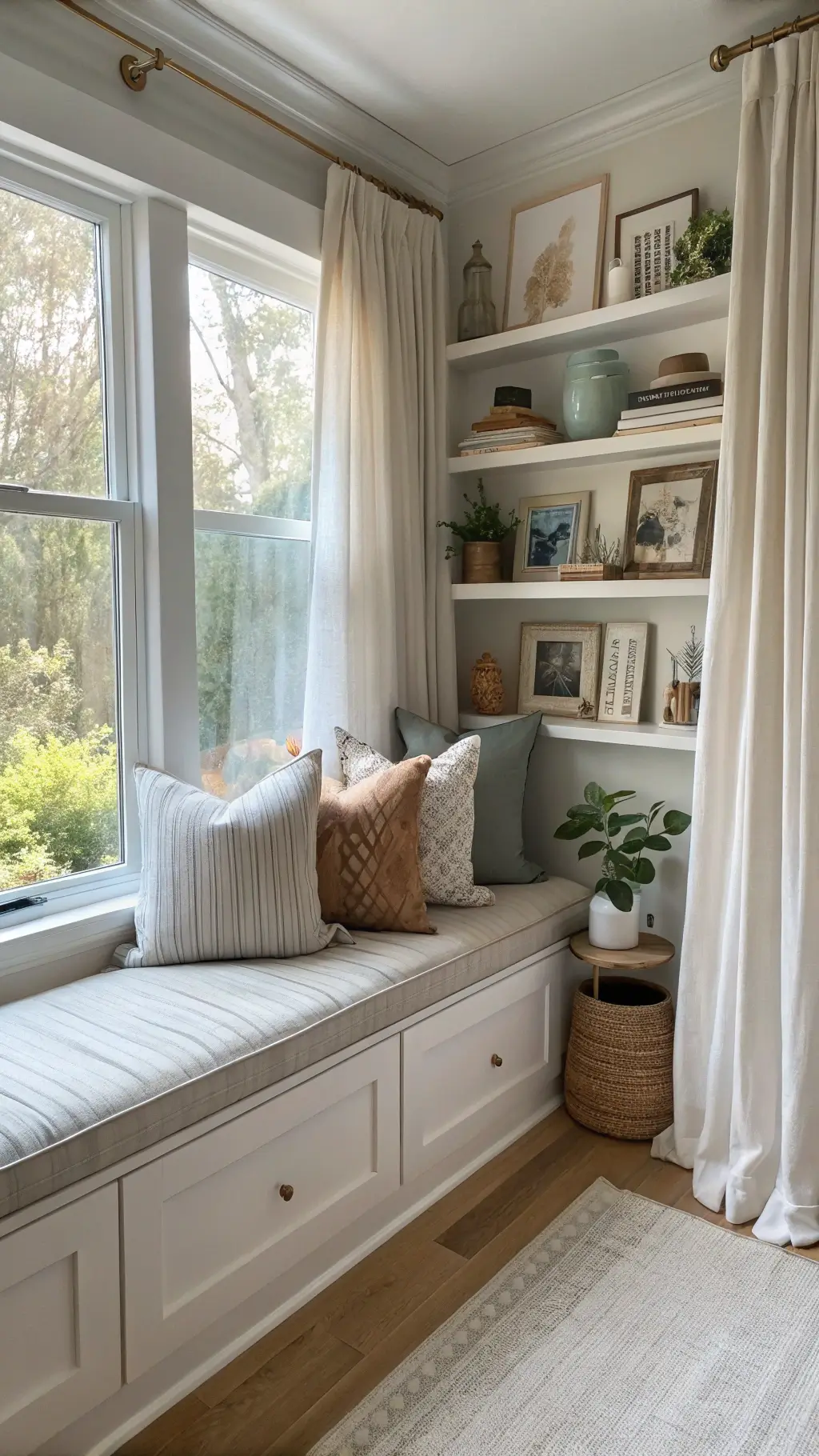 Serene early-morning scene of a 10x12ft window seat nook...