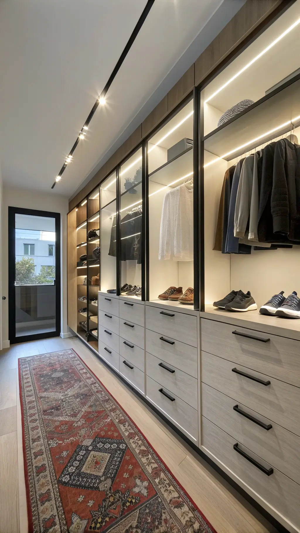 Modern minimalist closet featuring white oak cabinetry with matte black hardware, clear acrylic drawers with folded athleisure wear, LED-lit floating glass shoe shelves, all displayed in cool morning lighting. The design is finished off with a vintage Persian runner and captured from a corner to emphasize vertical space utilization.