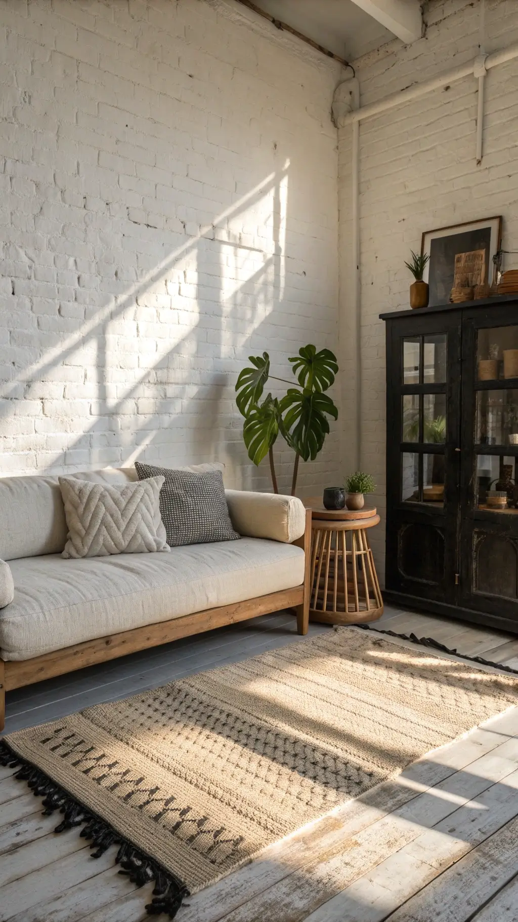 Minimalist living space with layers of depth showcasing a platform sofa with linen cushions, a black pine cabinet with pottery, a fiddle leaf fig plant, all bathed in golden hour sunlight and situated on a handwoven jute rug.