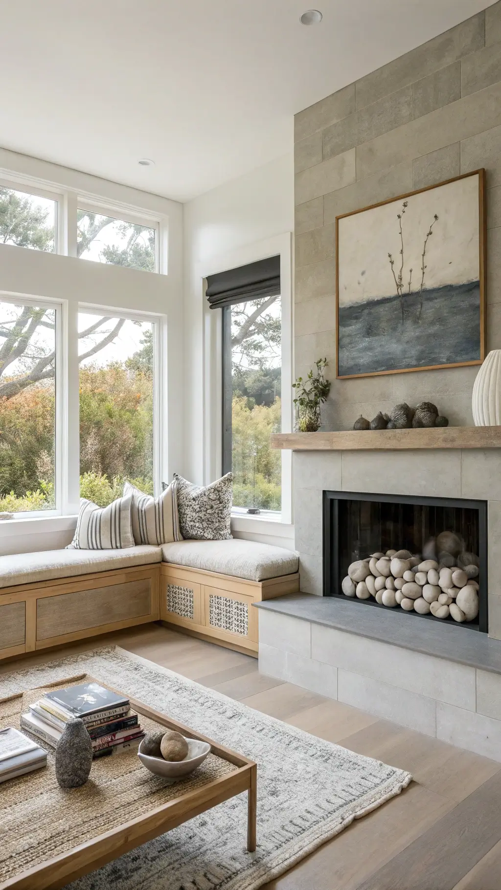 Spacious, luminous 20x24ft corner room with custom oak bench, concrete fireplace, river stone decor and large abstract art, in warm grays and chalk white colors.