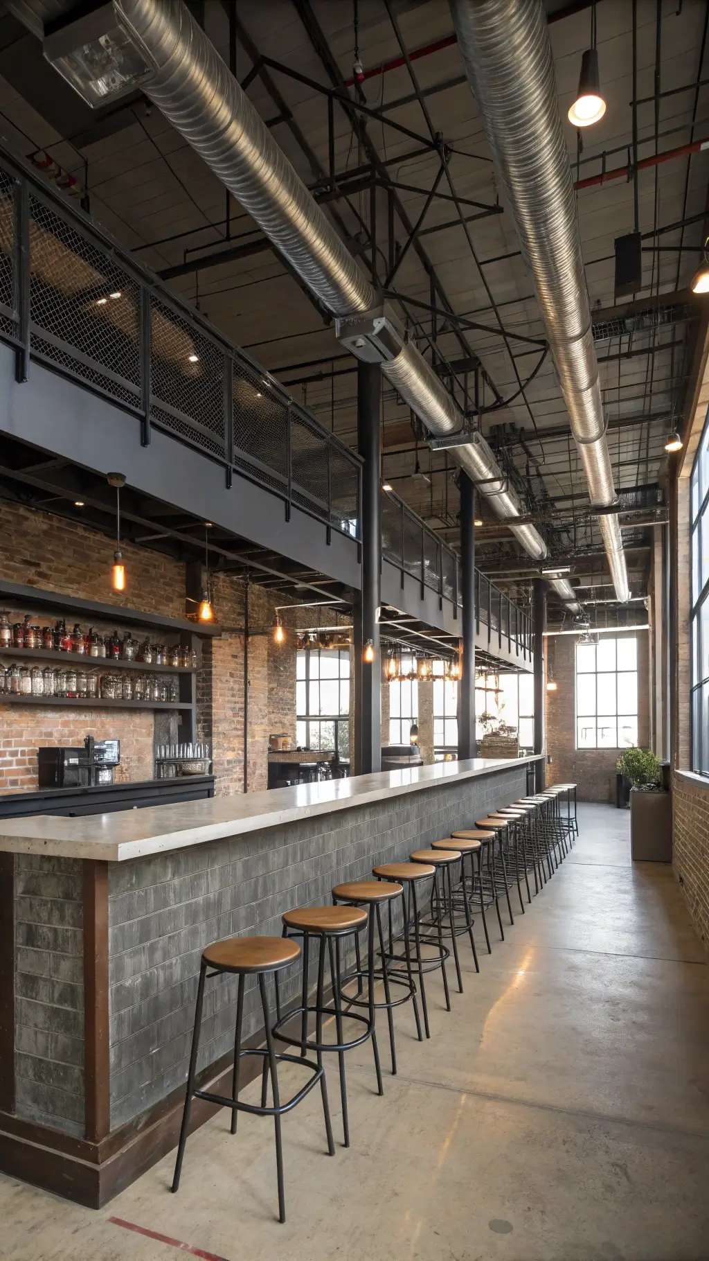 Industrial loft bar with exposed ductwork, concrete top bar, metal mesh shelving, vintage stools, track lighting highlighting brick texture, seen from mezzanine level.