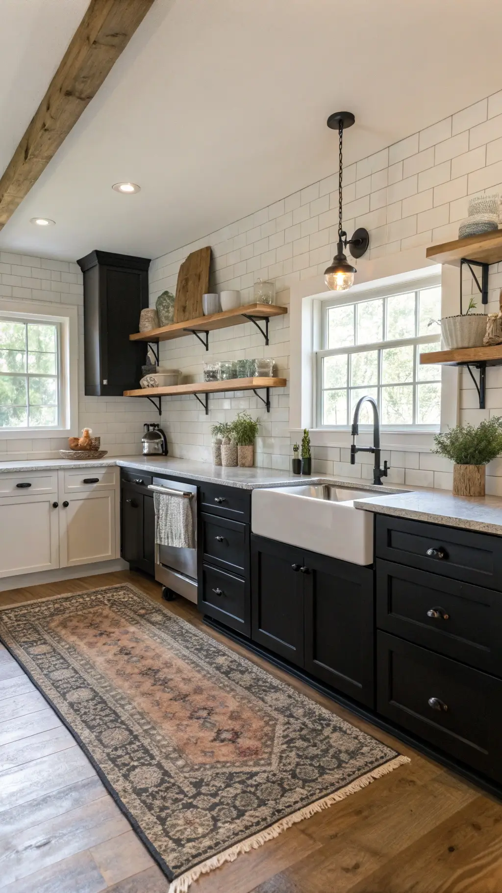 Vintage farmhouse kitchen with black cabinets, white shaker uppers, butcher block island top, marble counters, iron hardware, industrial sconces, open shelving with ironstone collection, cream subway tile backsplash, and reclaimed pine flooring.
