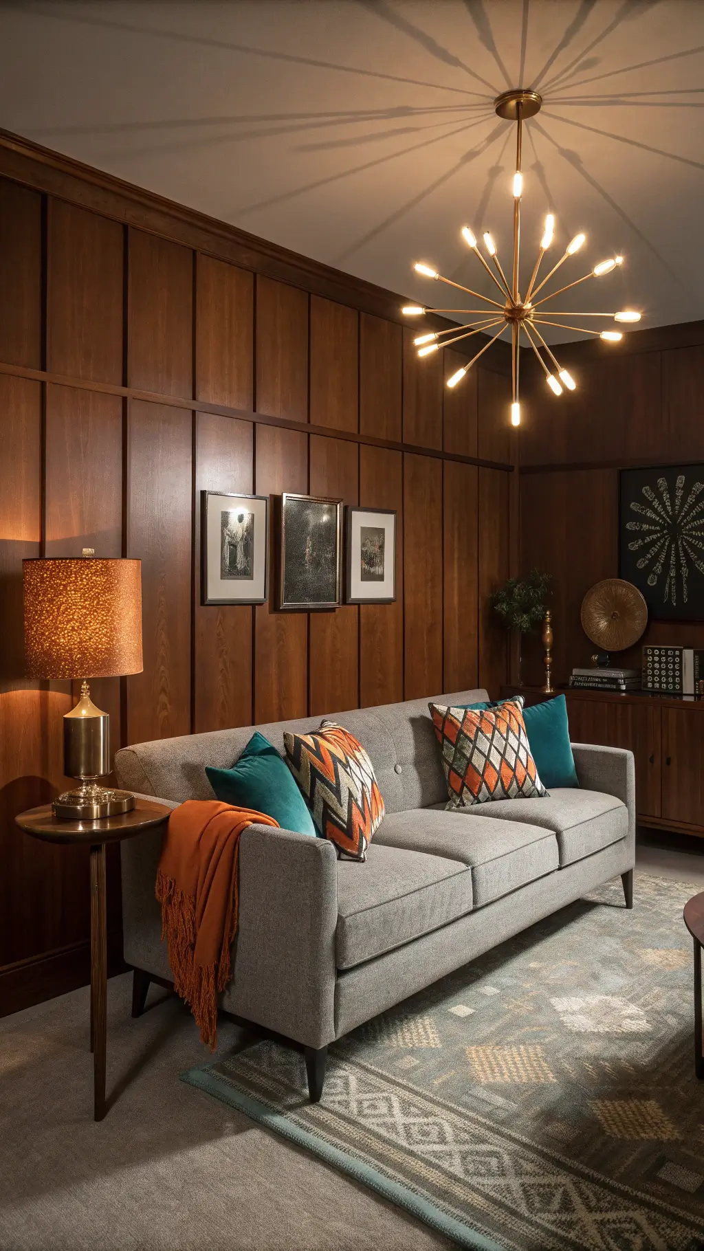 Mid-century modern lounge with walnut paneling, grey sofa, geometric pillows, Sputnik chandelier, and retro accessories.