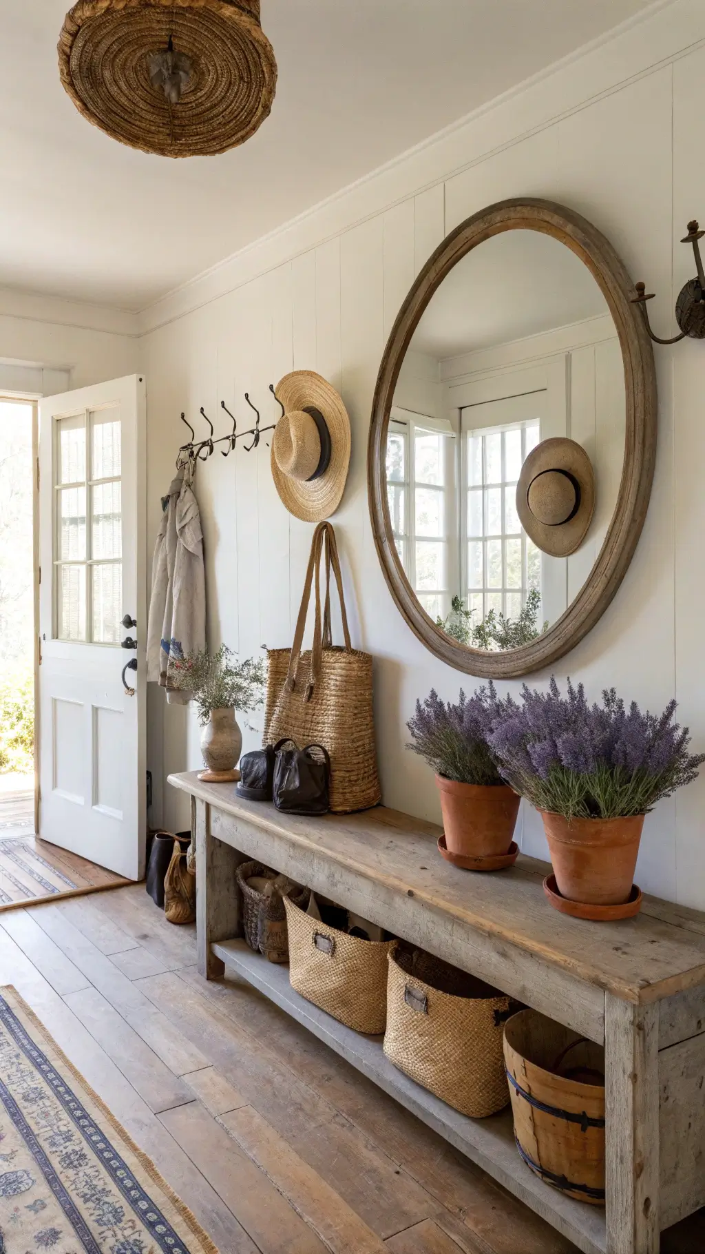 Vintage farmhouse entryway illuminated by afternoon light, featuring an antique wooden bench under a large oval mirror, hooks with hanging straw hats and bags, and terracotta pots with dried lavender on the wooden floor.