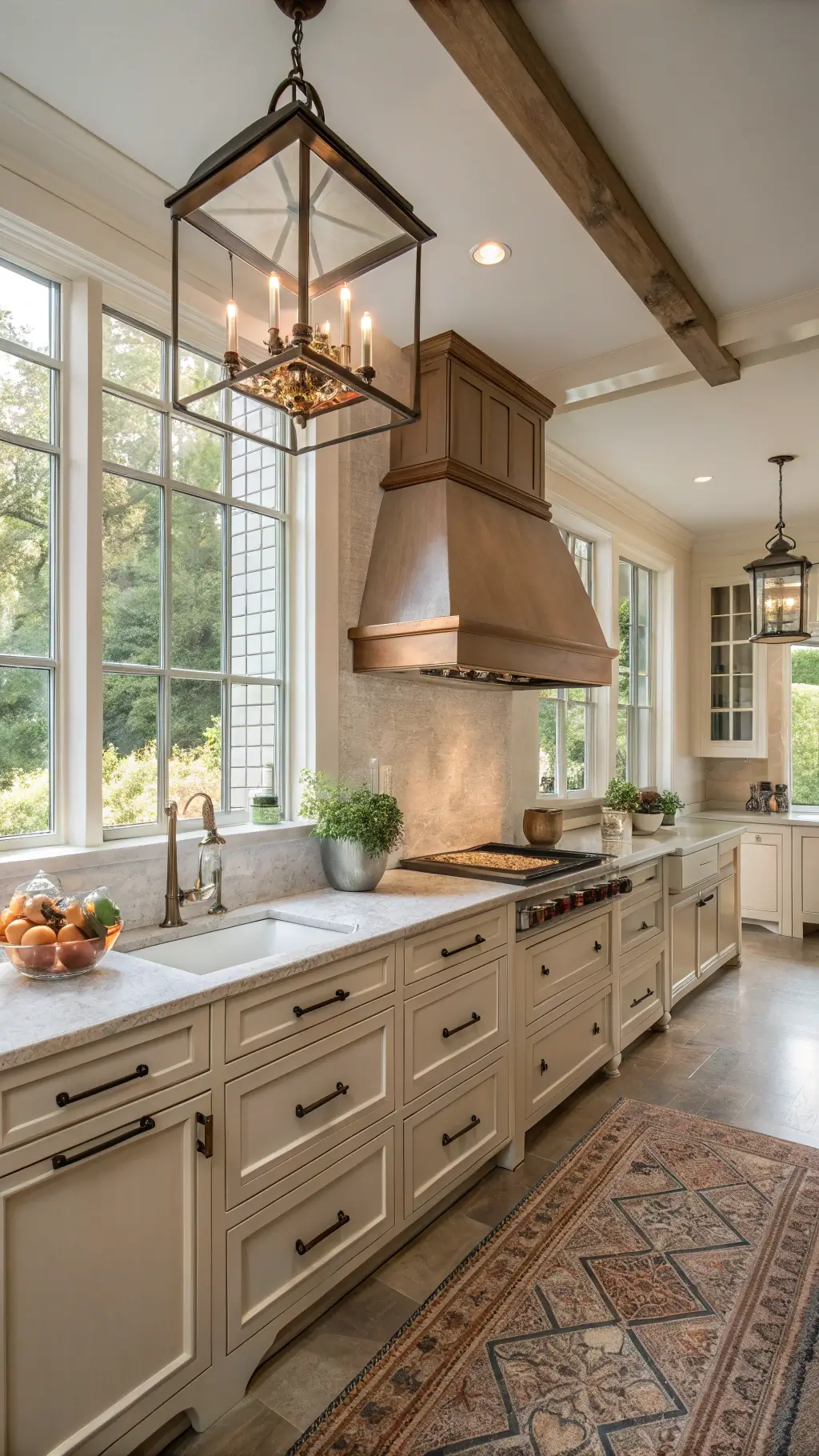 A 16x20ft transitional kitchen with taupe and ivory cabinets, soapstone countertops, brass hardware and lantern pendants, a metallic range hood, zellige tile backsplash, antique runner, copper pots, ceramic vessels, and fresh flowers under morning light.