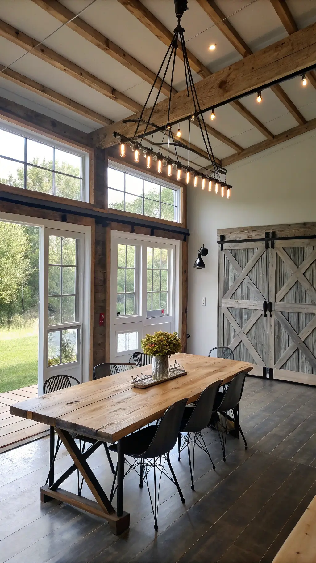 Rustic dining room with steel trusses, steel-framed windows, reclaimed barn wood table, industrial metal chairs, black metal chandelier, and sliding barn door in cool morning light.