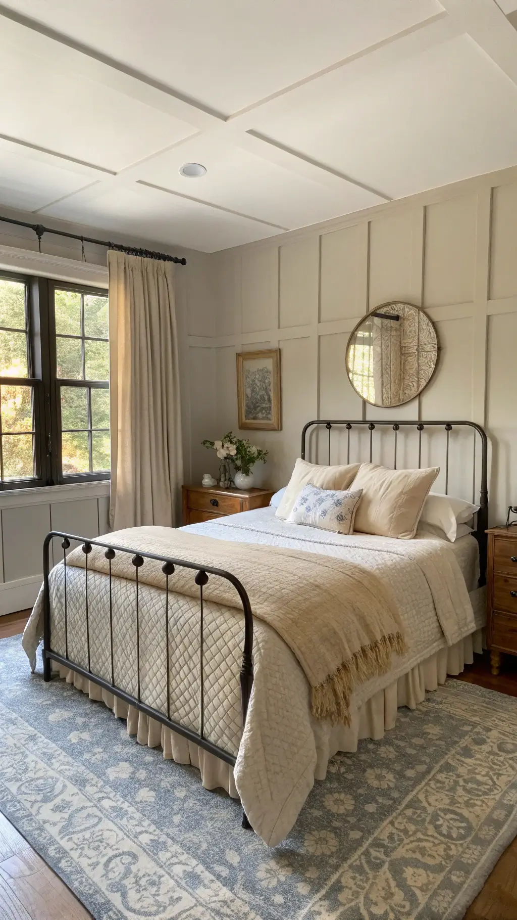 Cozy master bedroom at dawn with iron bed frame, board-and-batten wall, linen curtains, vintage quilts, modern oatmeal duvet, oversized wood mirror, and weathered dresser, viewed from low angle in doorway with vintage blue rug.