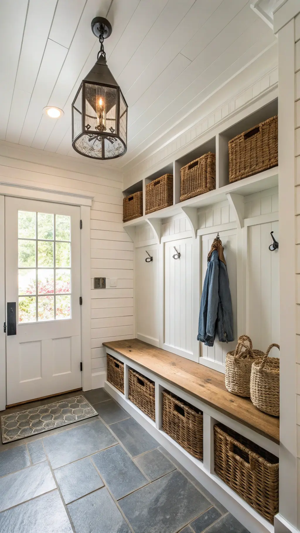 Brightly lit mudroom with custom storage, vintage locker baskets, white oak bench with zinc top, antique coat rack, industrial pendant light, shiplap walls, vintage runner, slate flooring, and wire baskets for accessories.