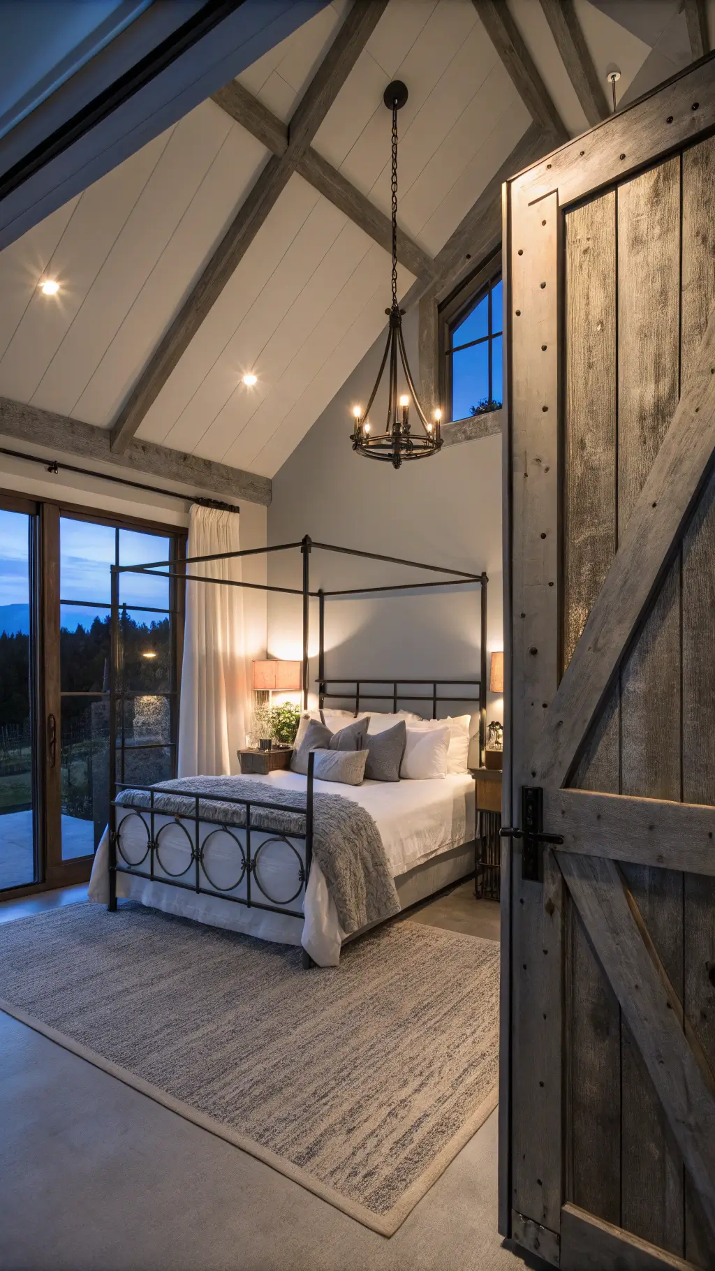 Spacious master bedroom with twilight blue cathedral ceiling, featuring a prominent iron canopy bed adorned with white linen and gray wool, framed by asymmetrical vintage industrial sconces, viewed from a doorway alongside a weathered gray barn door, illuminated by a blend of cool natural light and warm bedside lighting.