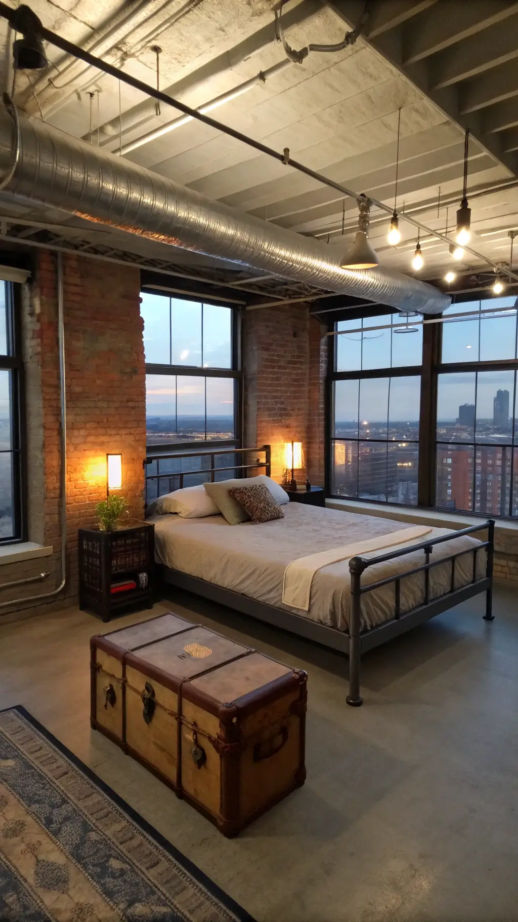 Loft bedroom with exposed ductwork and dusk lighting, featuring a platform bed with industrial pipe frame, vintage metal trunk nightstand, and factory windows showcasing city view, photographed from an elevated position.