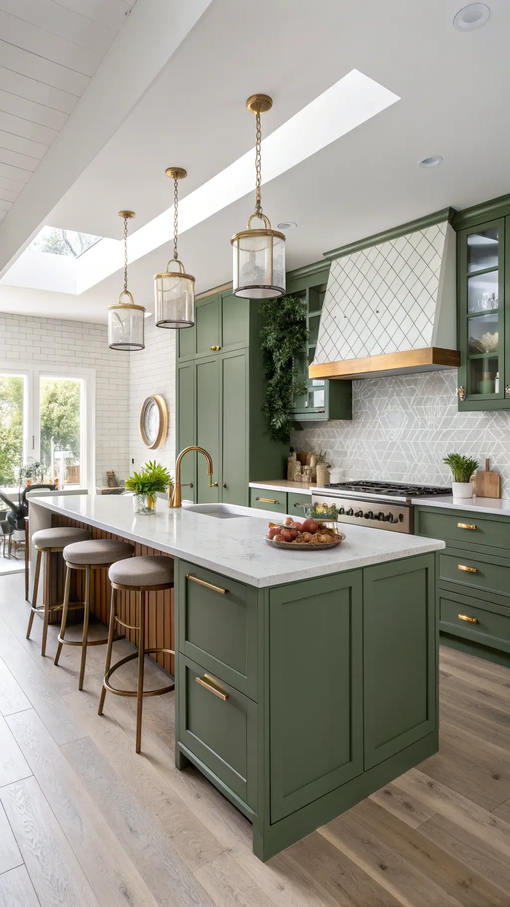 Bright contemporary kitchen bathed in golden sunlight featuring bold olive green cabinets with brass accents, a large white waterfall quartz island, textured glass backsplash, and white oak flooring. Decorated with copper cookware and fresh herbs.