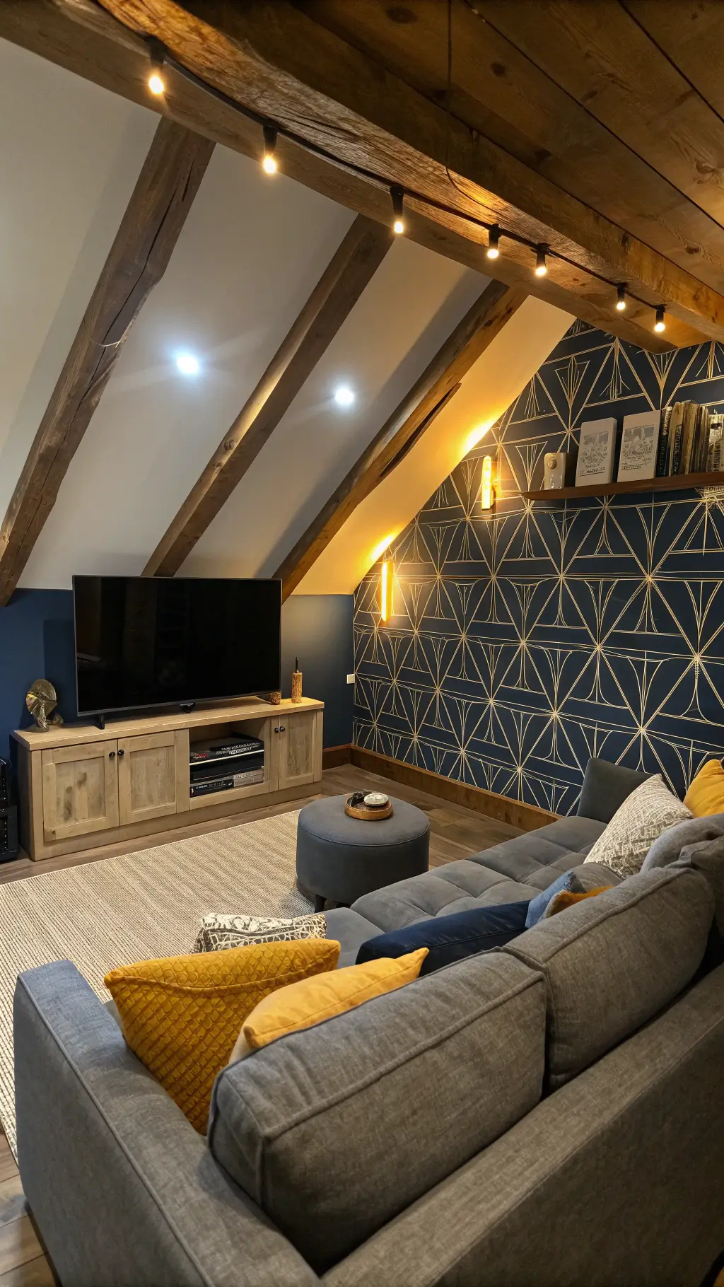 Modern gamer chic themed cozy attic lounge with sectional, LED lighting, mounted TV, geometric wallpaper on accent wall, custom gaming storage and throw pillows.