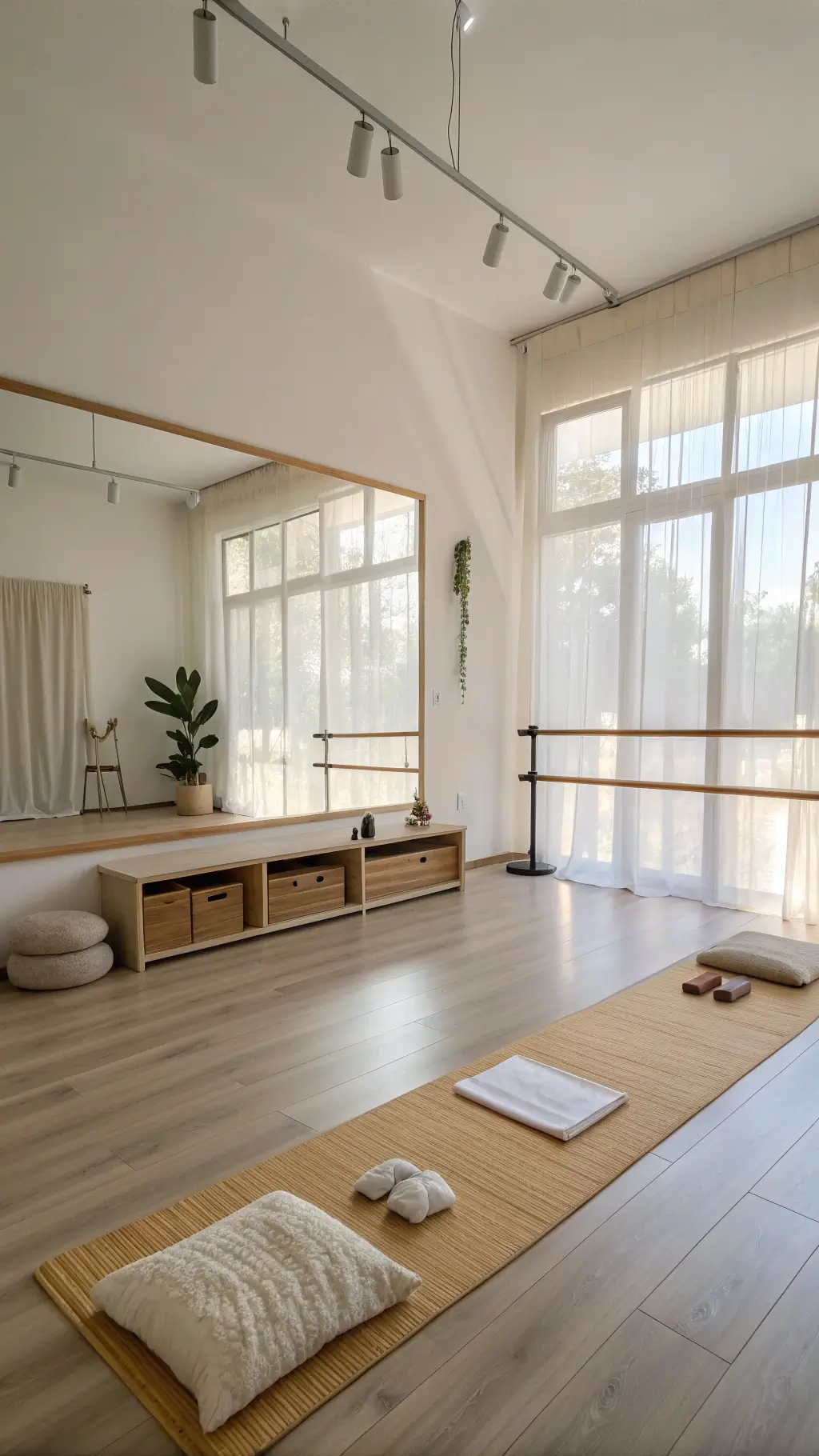 Elevated corner view of a serene minimalist yoga studio, featuring a mirror wall with floating ballet barre, pale oak storage cubbies, bamboo flooring, and meditation corner with natural linen floor cushions.
