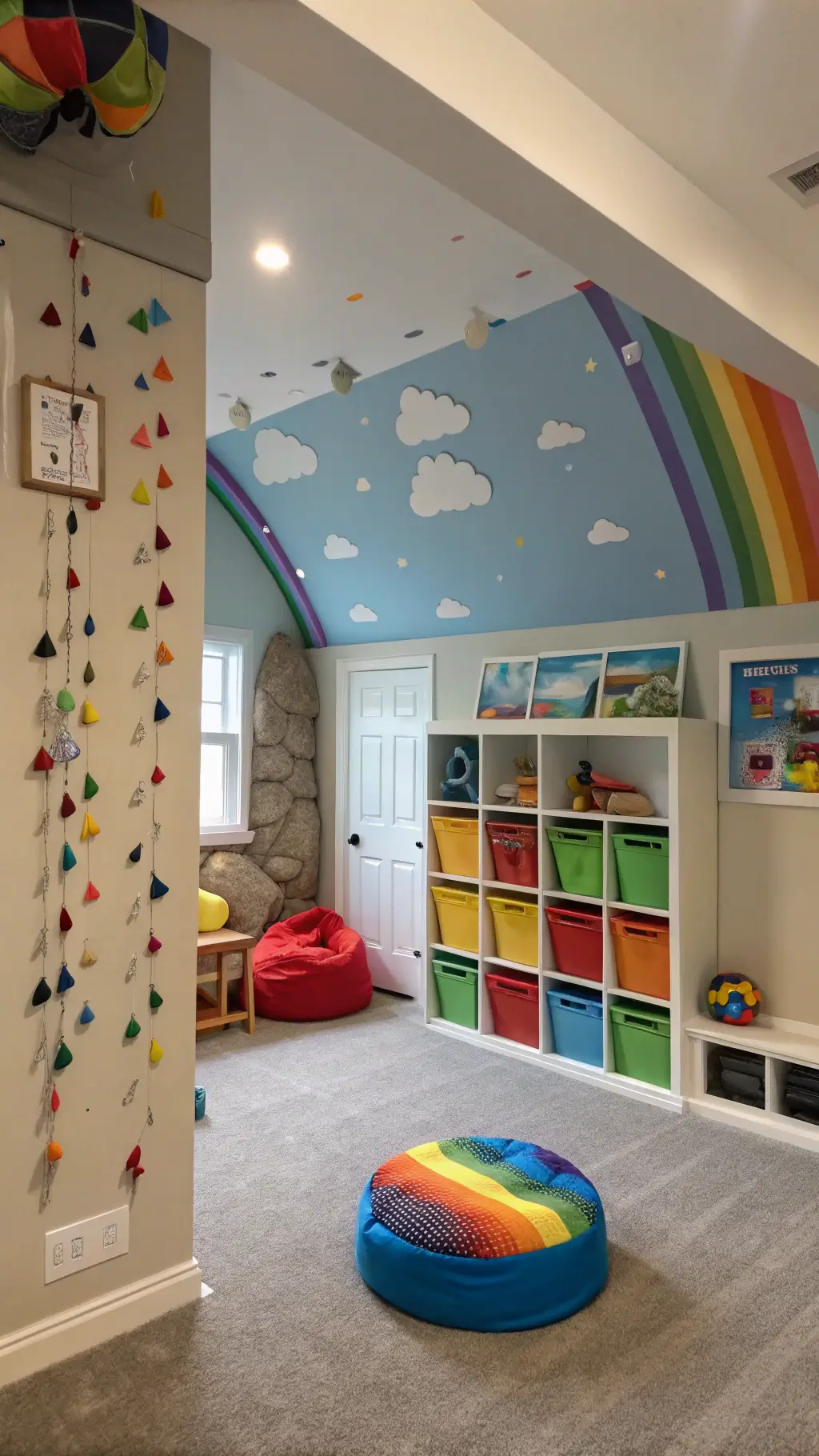 Spacious and colorful kid's creative zone featuring a rainbow rock climbing wall, reading nook with sky-themed ceiling, and primary colored storage cubbies, highlighted by afternoon sunlight.