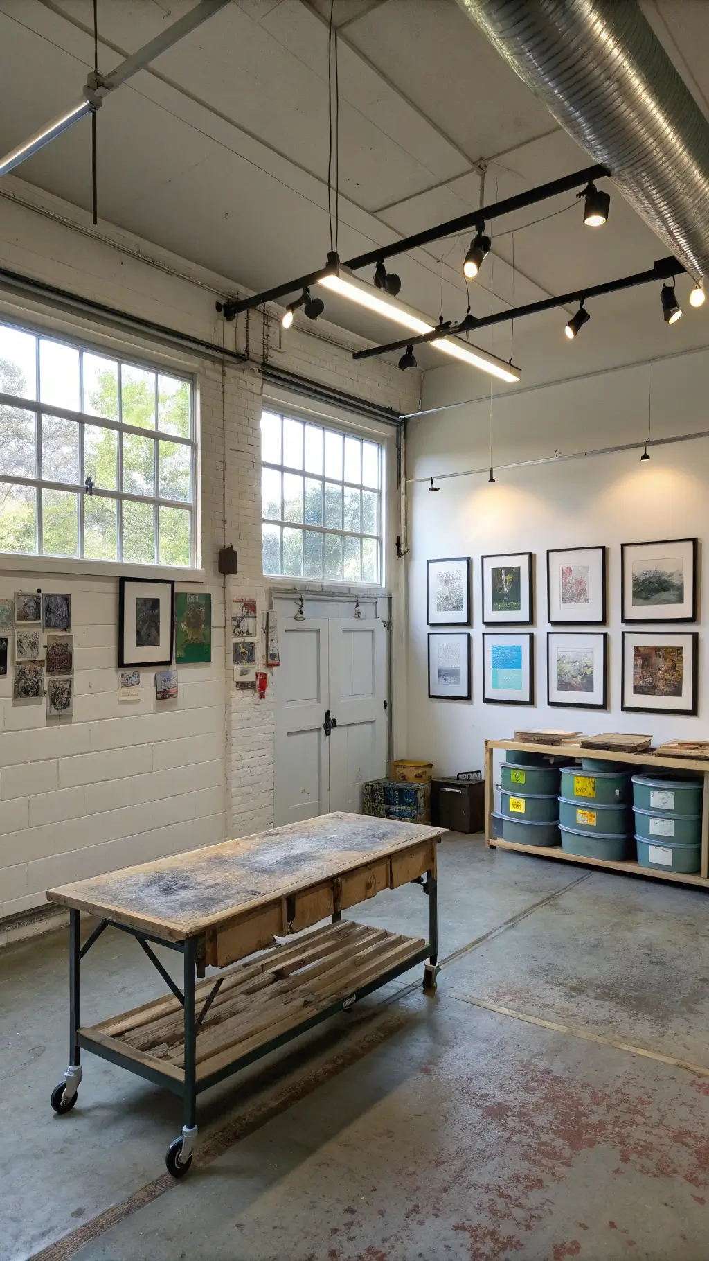Bright and spacious Artists' Studio Sanctuary featuring north-facing windows, industrial-style track lighting, custom workbench made from distressed steel and reclaimed wood, a gallery wall with adjustable art display system, concrete floor speckled with paint and storage wall with rolling canvas bins.