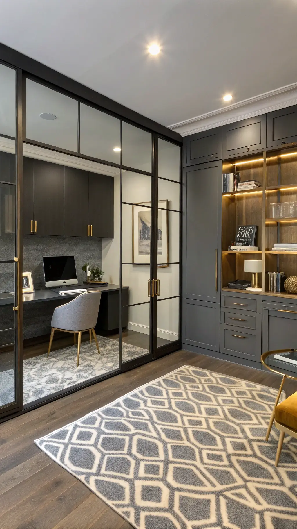 Sophisticated 18x20ft multi-functional office/guest suite showcasing a matte charcoal Murphy bed, transforming glass desk, hidden storage ottomans, geometric area rug and brass and glass room divider shot from entrance.