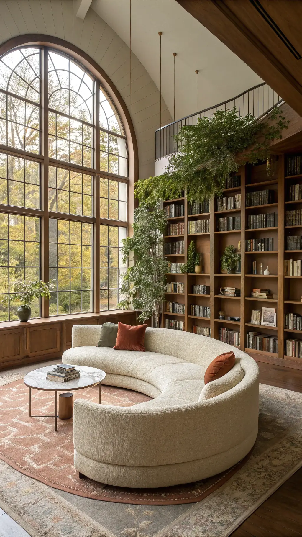 Sunlit contemporary living room with a curved oatmeal bouclé sofa, walnut bookshelves, large arched windows, marble coffee table on a geometric terra cotta rug, and plants on high shelves.