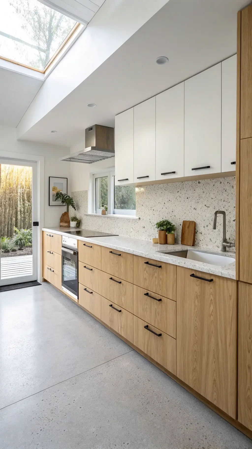 Scandinavian-style kitchen with blonde wood cabinets, white upper cabinets, terrazzo countertops, and light grey micro-cement flooring, bathed in natural light