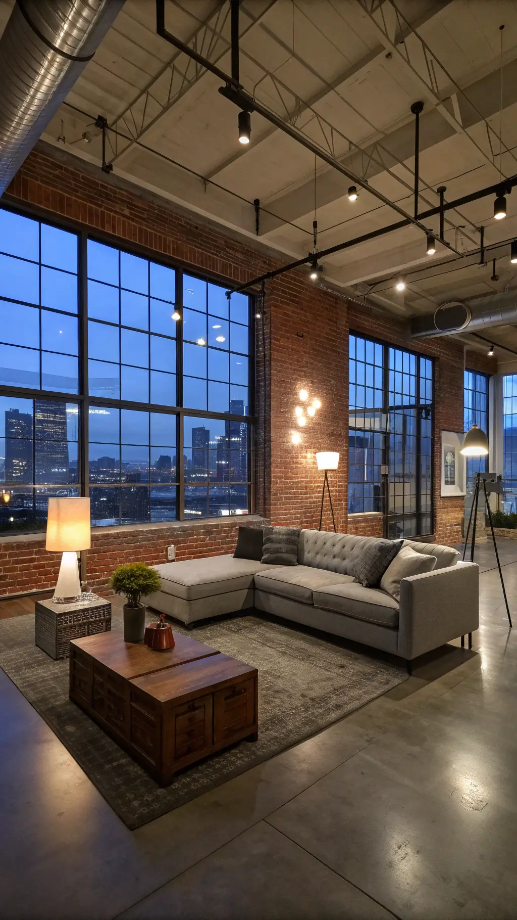 Spacious contemporary loft living area during blue hour with city views through industrial windows, wash-lighted brick accent wall, and varied lighting fixtures illuminating a gray sectional. Reflective polished concrete floors enhance metal and wood elements in the room.