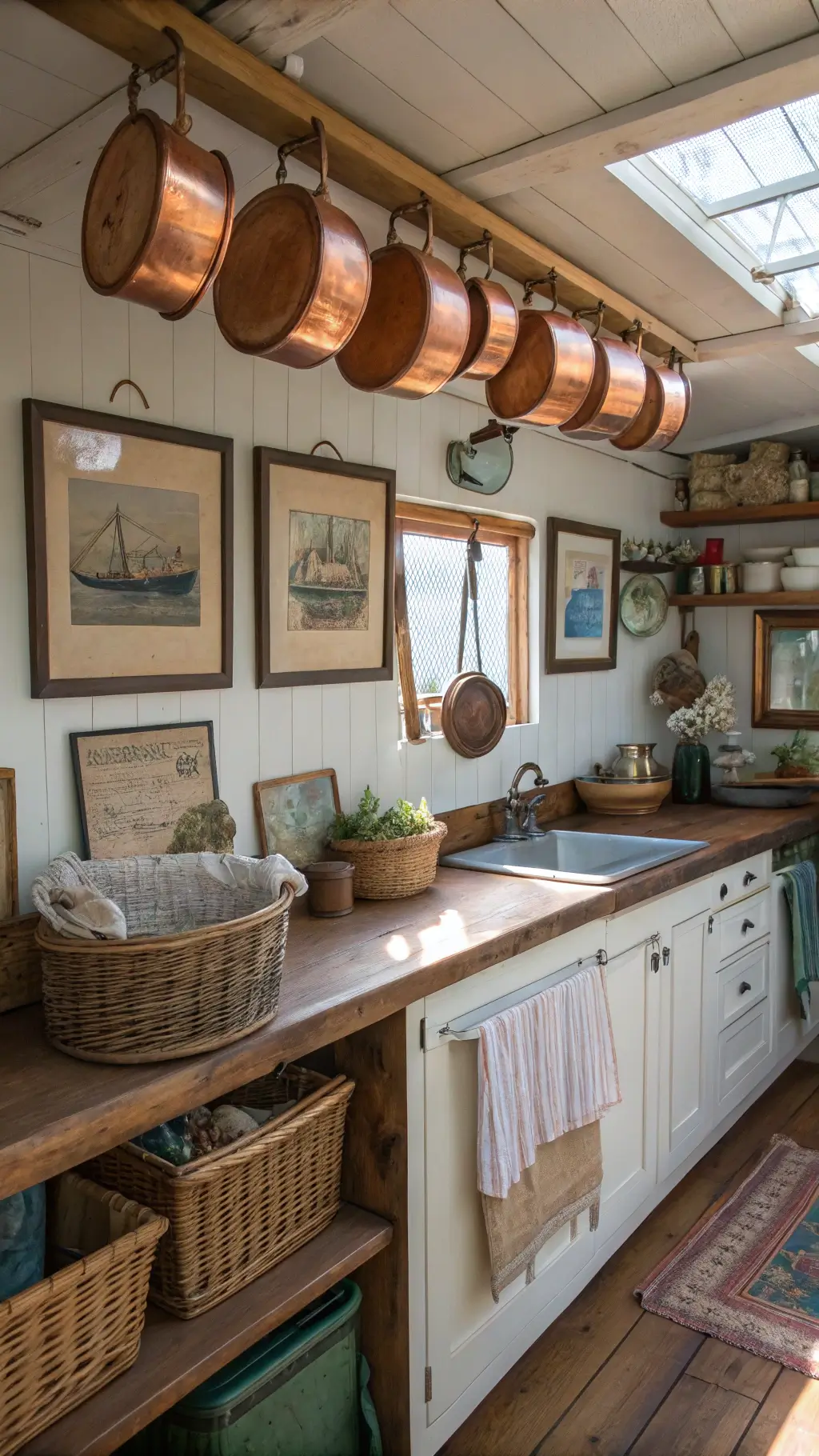 Rustic kitchen in a small cabin featuring copper pots, patina-ed butcher block counters, blue and green cast iron cookware, vintage fishing prints, and natural skylight illumination.
