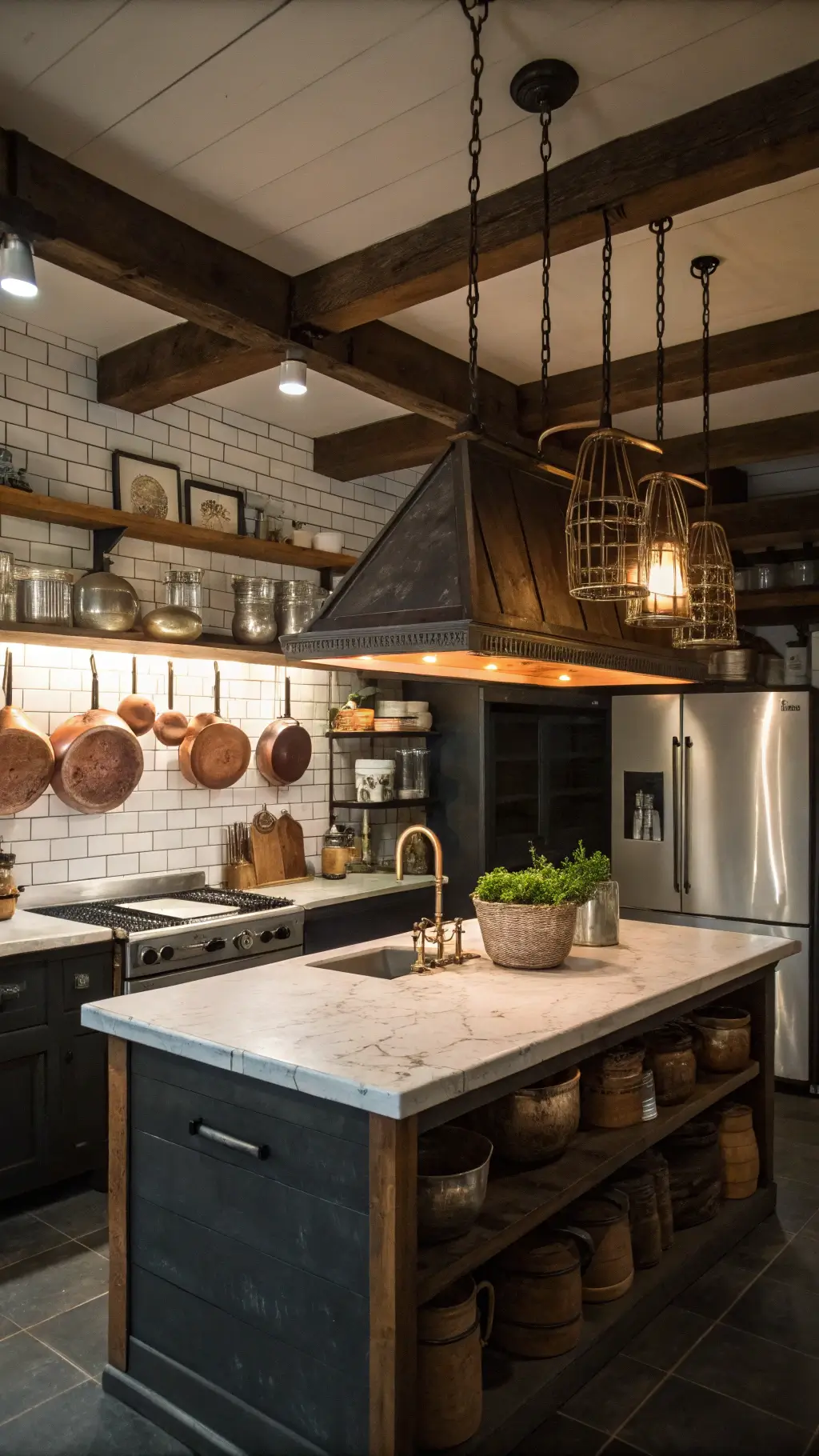 Vintage rustic kitchen with zinc-topped island, ceramic crocks, wooden cutting boards, copper cookware hanging from wooden beams, subway tiles with dark grout, shot in mixed lighting from corner position during dinner prep.