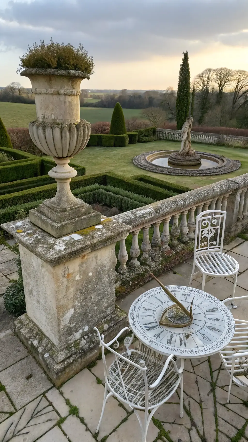 Elevated view of a formal 30x30ft garden with vintage furniture, classic statuary, and an antique sundial in soft, cloud-filtered light.