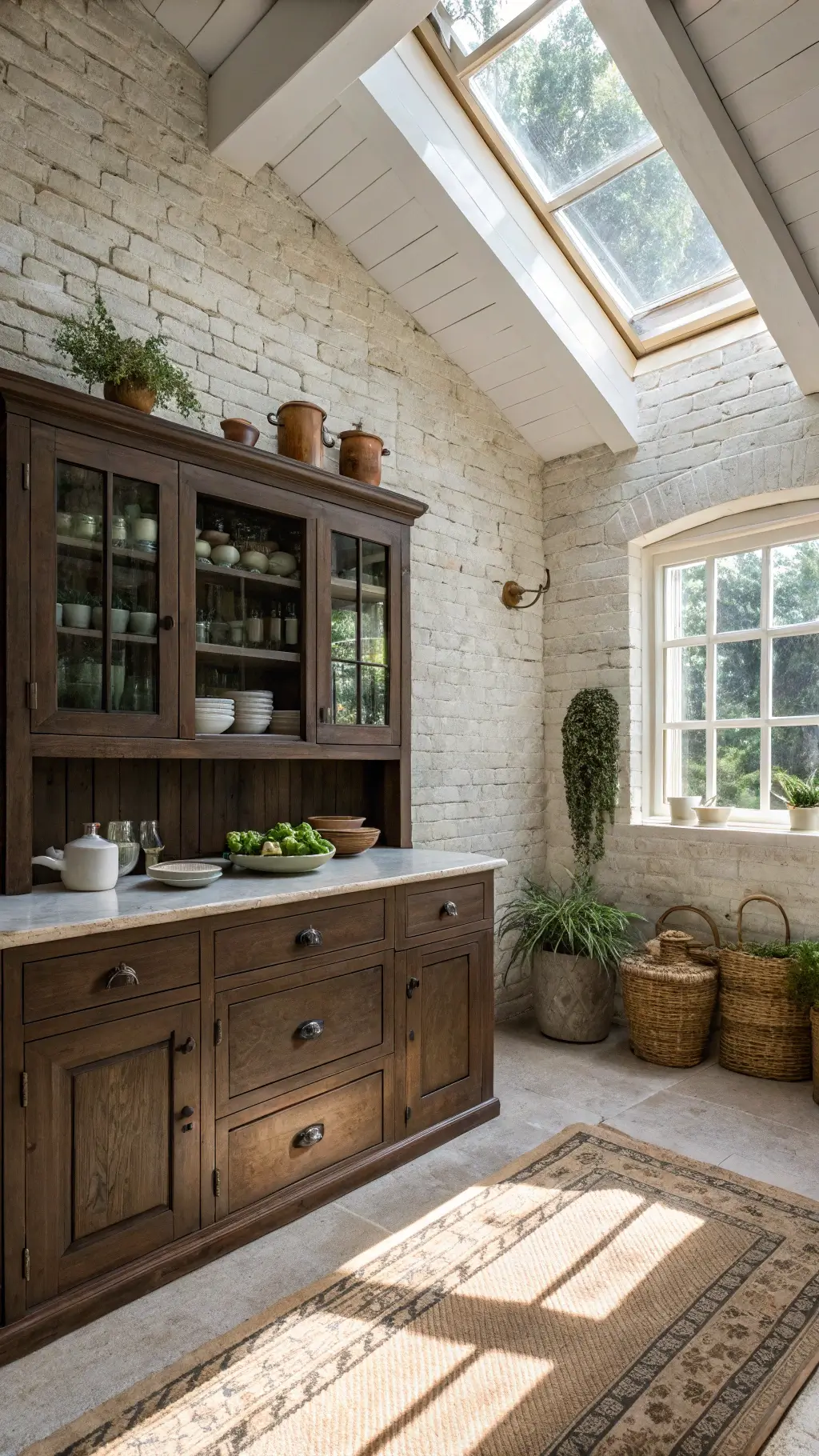 Rustic kitchen with skylights, white brick walls, dark wood cabinetry, antique hutch with pottery collection, sage green accents, and market produce on display.