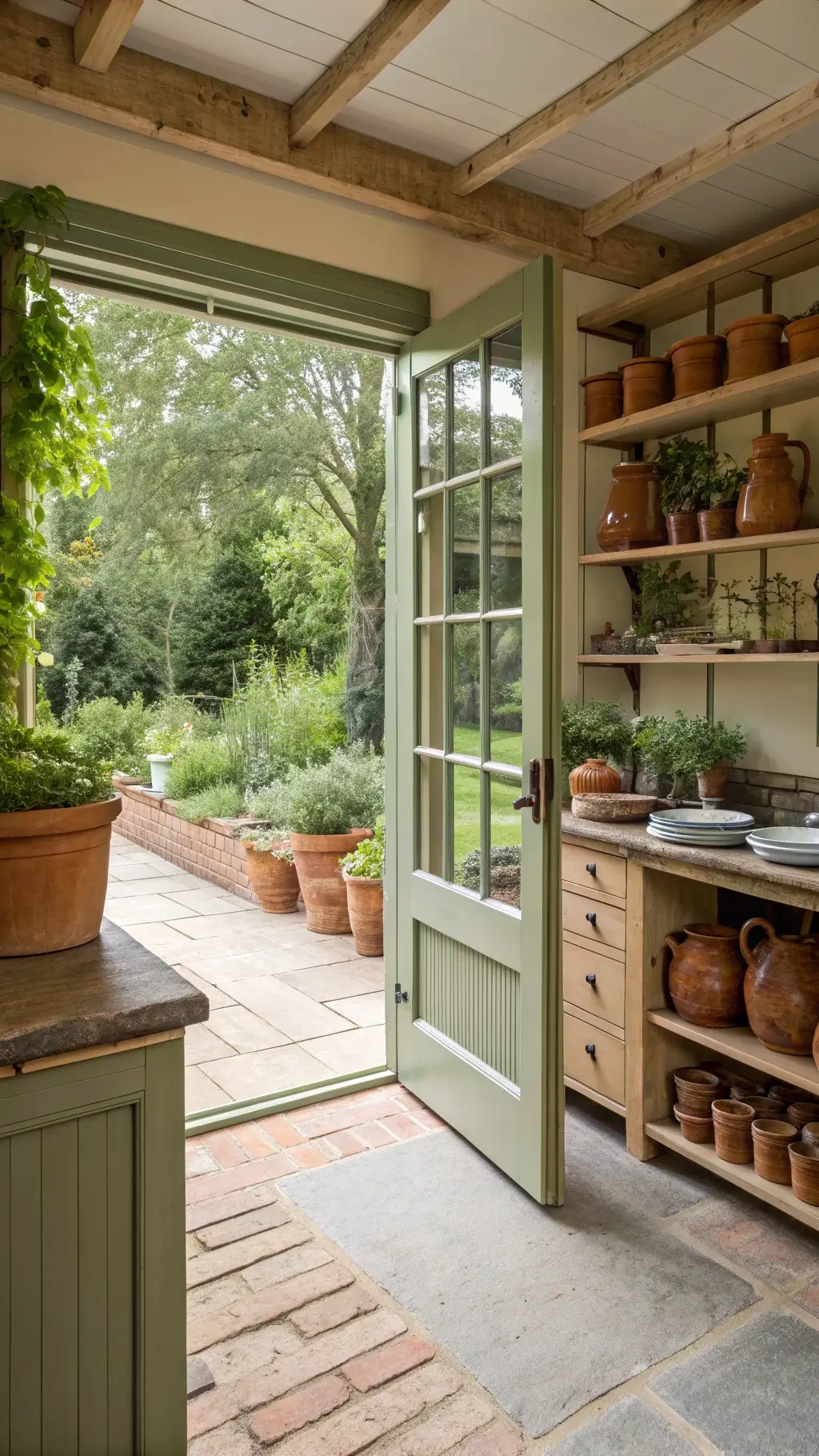 Rustic garden kitchen with open French doors leading to herb garden, terra cotta pots and garden tools on open shelving, under late spring light with sage green and warm terracotta accents.