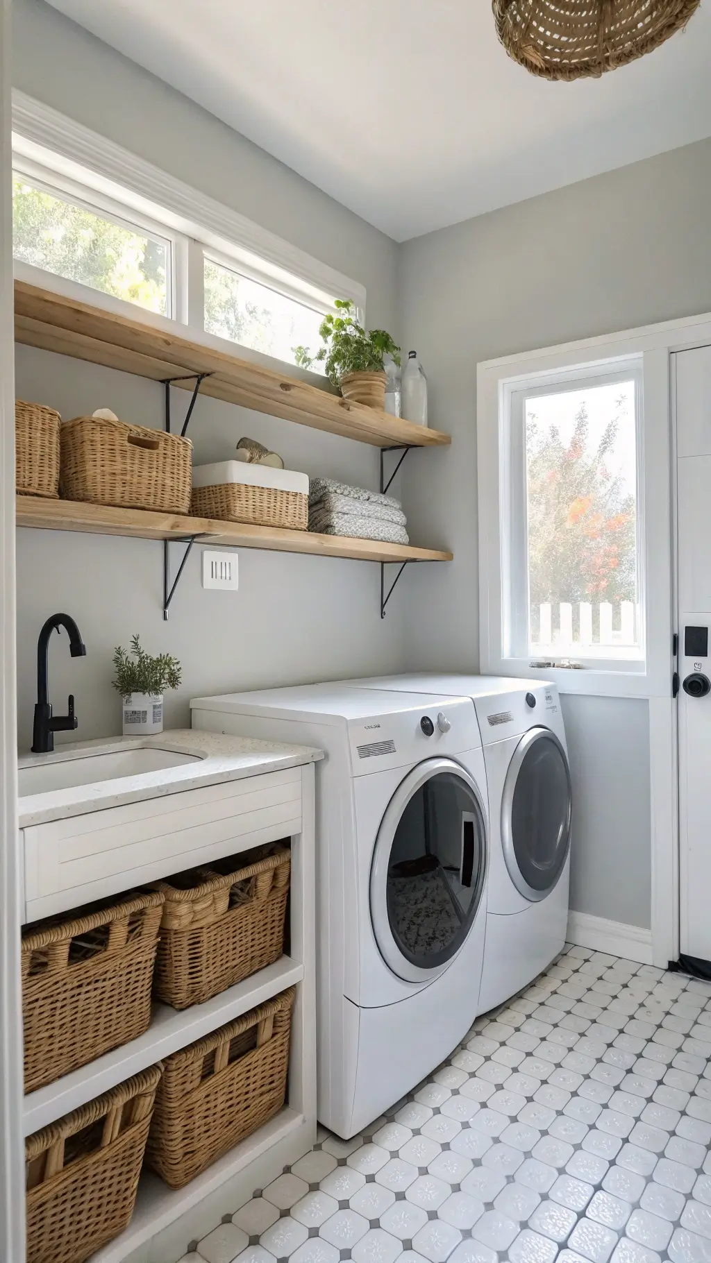 Sunny, organized Scandinavian laundry room with high ceilings, frosted window, white washer/dryer stack, oak shelves with glass containers, woven baskets, white penny tile floor, black hardware, and fiddle leaf fig plant.