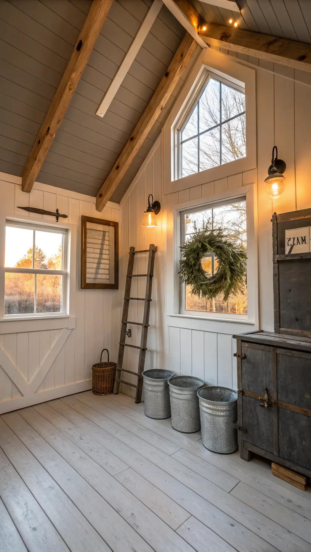 Rustic elegant modern farmhouse utility room with slate-colored units, cathedral ceiling with exposed beams, backlit barn-style window during golden hour, and vintage ladder used as drying rack, framed by shiplap walls and white oak floors