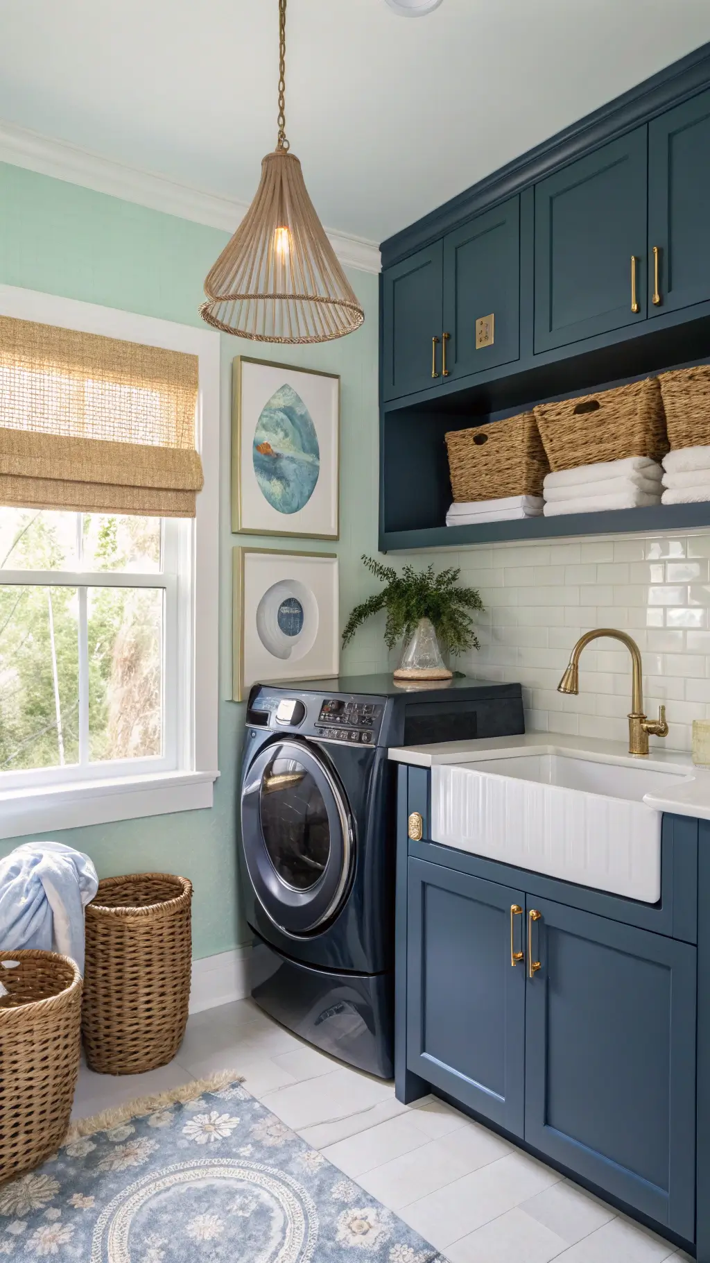 Serene coastal chic laundry suite featuring navy stacked units, white quartz folding counter and pale blue subway tile backsplash set against seafoam walls with afternoon light filtering through roman shades, framed by brass hardware and a rattan pendant light.
