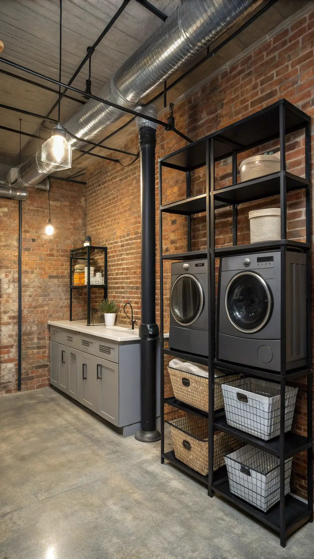 Urban loft corner with exposed brick wall, metal ceiling ductwork, washer/dryer tower, black metal shelves, concrete counter, Edison bulb sconces, and wire mesh storage on a polished concrete floor, captured in a Dutch angle with dramatic side lighting.