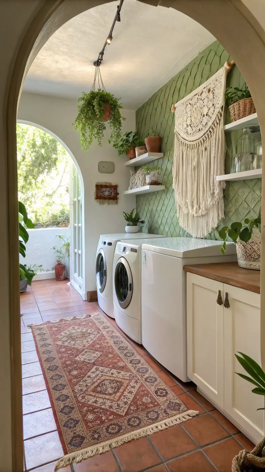 Eclectic bohemian laundry lounge with white appliances, macramé wall decor, terracotta floor tiles, moss green accent wall, hanging plants, vintage Persian runner, brass details, and carved wooden shelves, bathed in soft morning light.