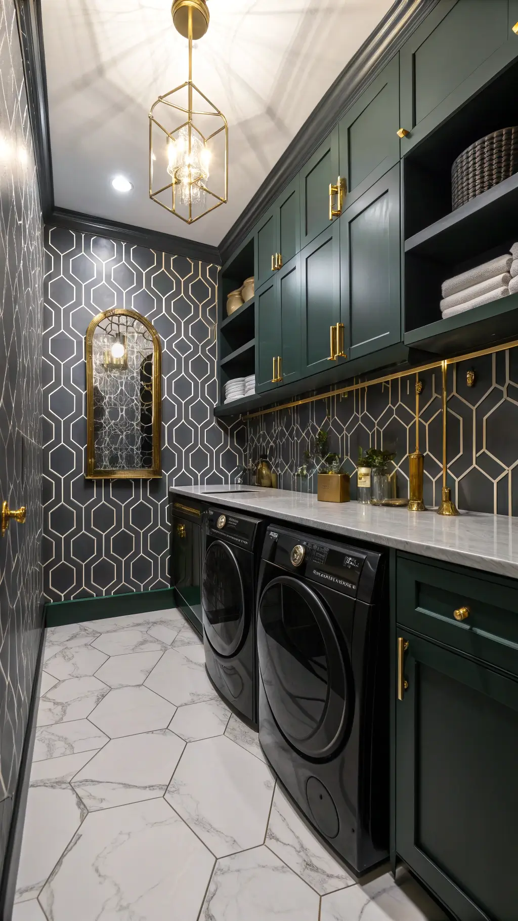 Art Deco inspired laundry room with black stacked units, emerald green cabinets, geometric wallpaper, clear glass and brass light fixture, and mirror-backed shelving. Features stylish gold hardware accents, marble hexagonal floor tiles, and chrome finishes for a glamorous and sophisticated mood.