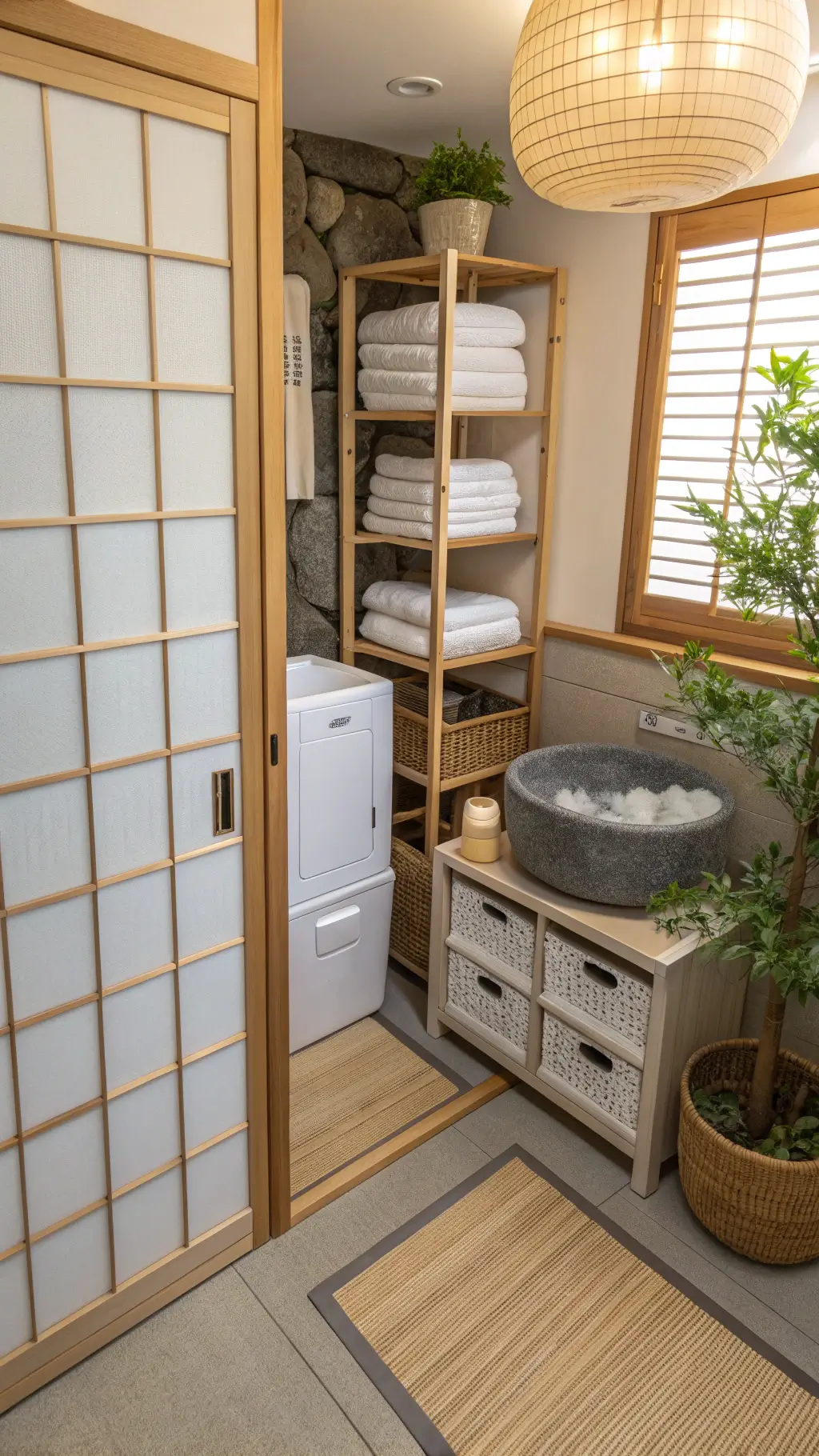 High angle view of a peaceful Japanese Zen Washroom with white appliances, bamboo organizational systems, stone basin and bonsai plant. Includes Shoji screen door and tatami-style mat.
