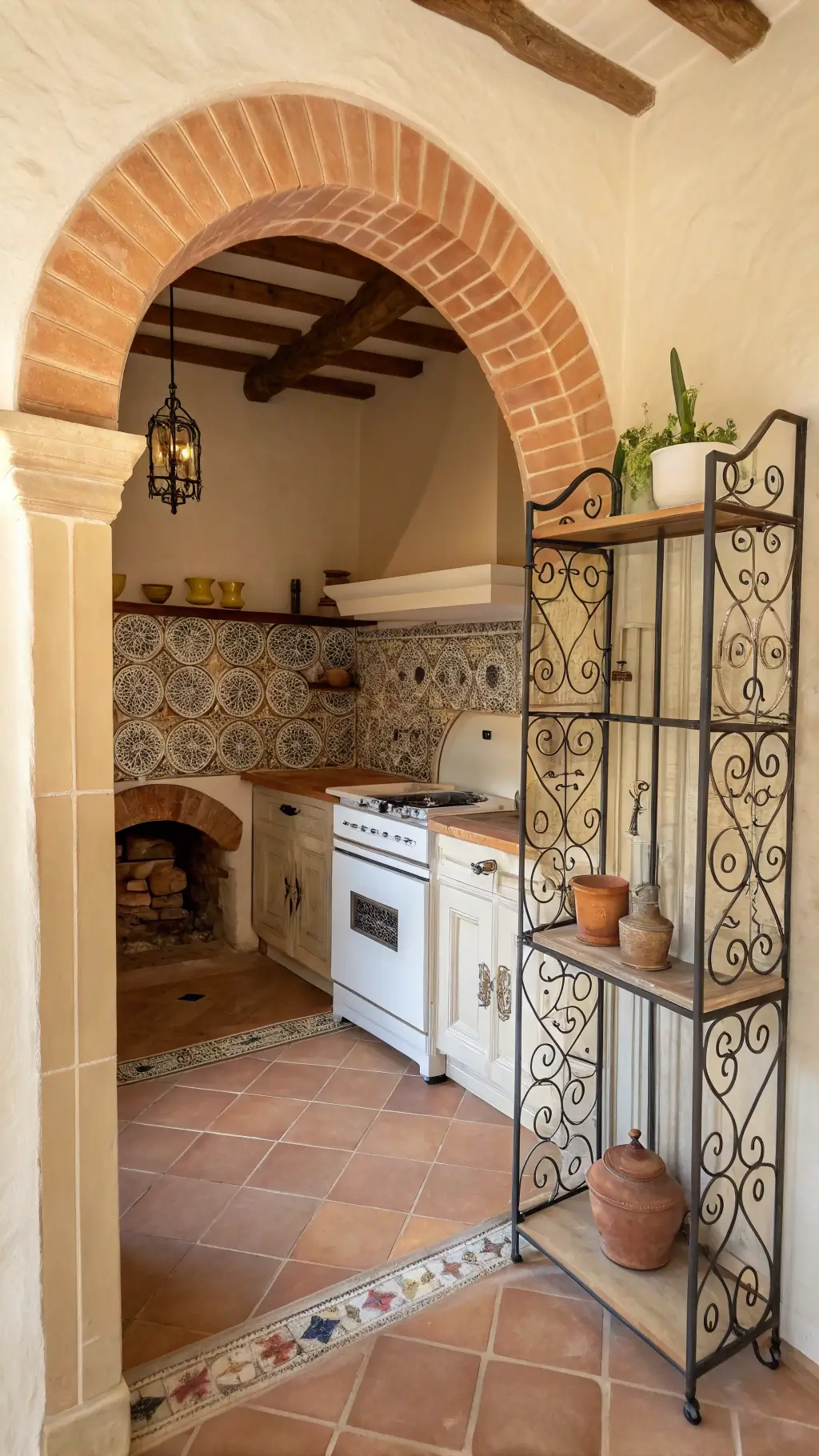 Charming old-world Mediterranean utility villa with terracotta archway framing a view of ivory appliance stack, wrought iron shelving, hand-painted tile backsplash, olive branch arrangement, limestone flooring and plastered walls with copper accents, illuminated by warm directional lighting.