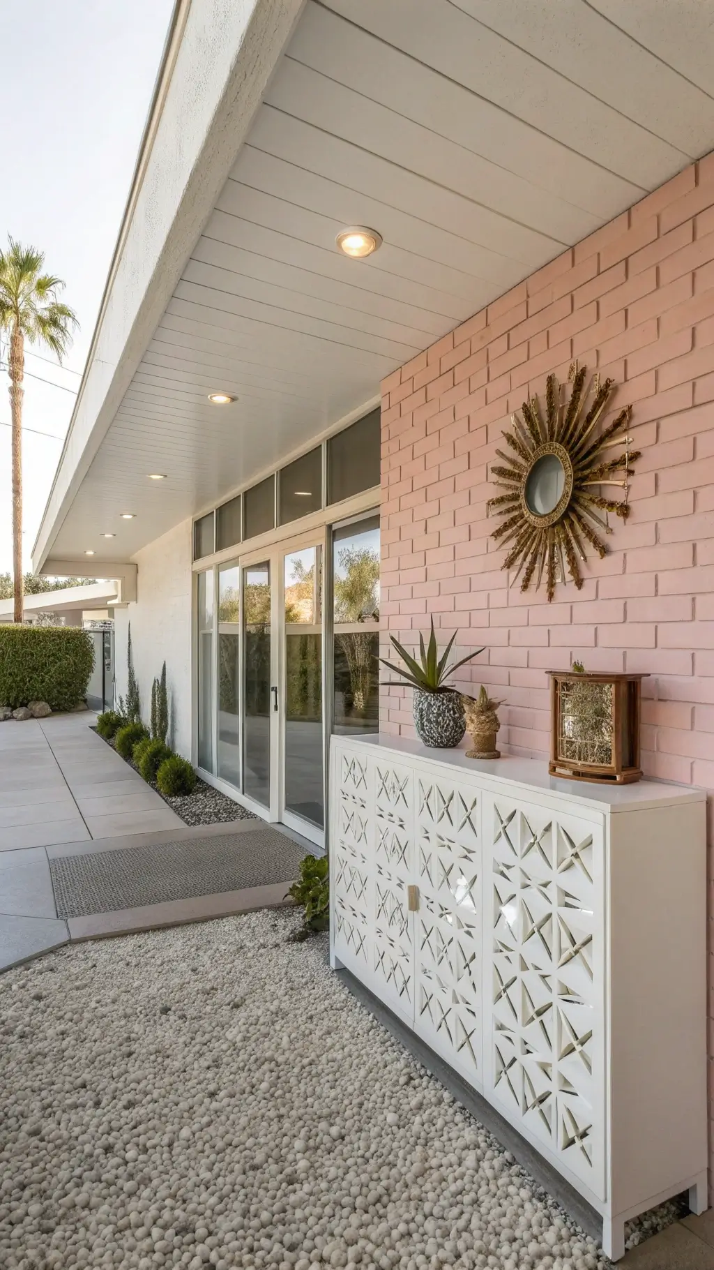Mid-century style Palm Springs 6x9' living space with clerestory windows, white stacked unit against pink block wall, breeze block partition, terrazzo flooring, brass starburst mirror, desert plants, geometric cabinet fronts captured in wide-angle, high contrast lighting reflecting a retro glam mood.