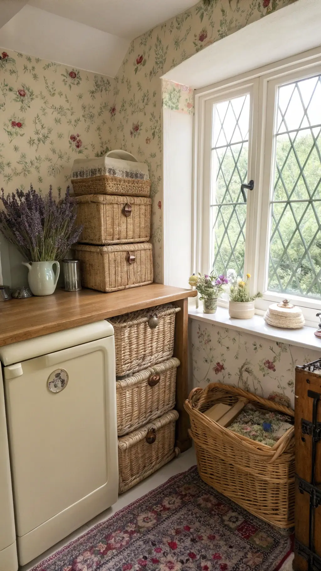 Cozy and romantic corner view of an English country cottage with antique brass hardware, cream appliances, floral wallpaper, oak butcher block counter, vintage rug and dried lavender bunches adorning a 5x7' nook with a mullioned window in soft natural light