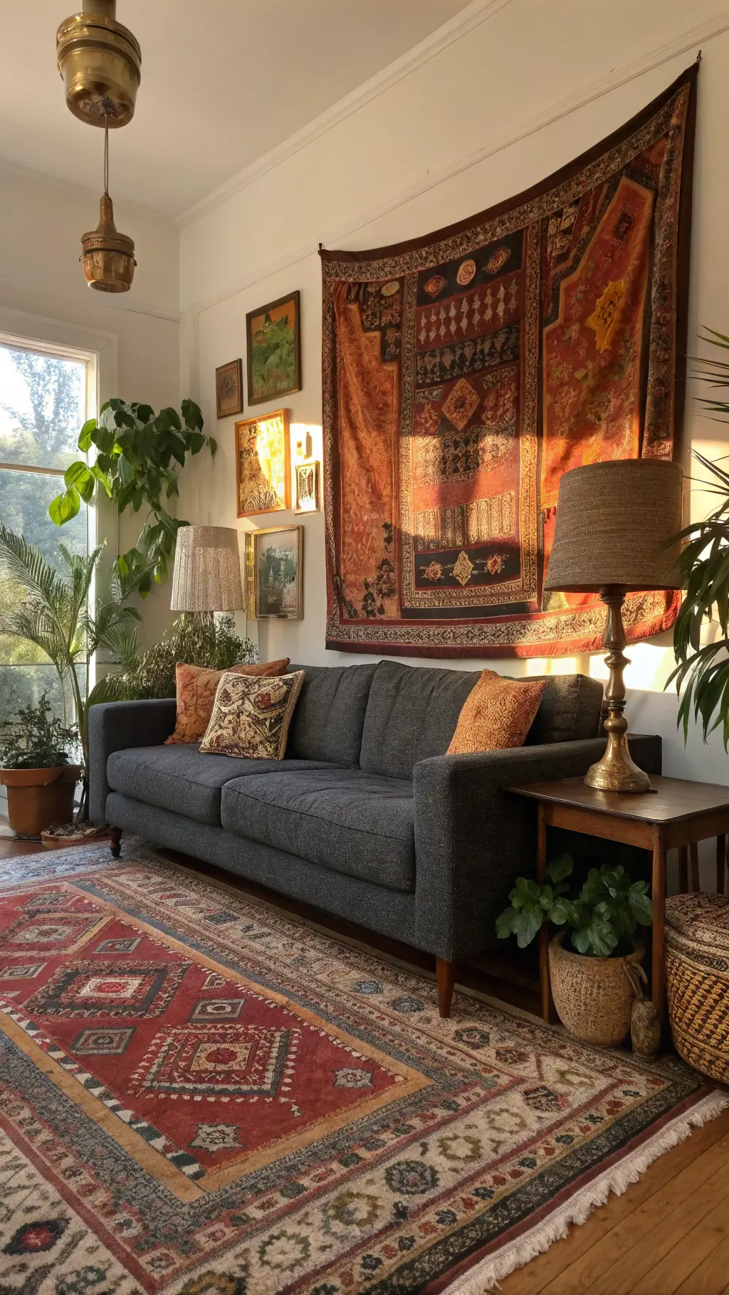 Bright, eclectic 16x18ft bohemian living room illuminated by afternoon sun, featuring a grey bouclé sofa, brass floor lamps, carved wooden side tables, Turkish rugs, plants and colorful tapestries.