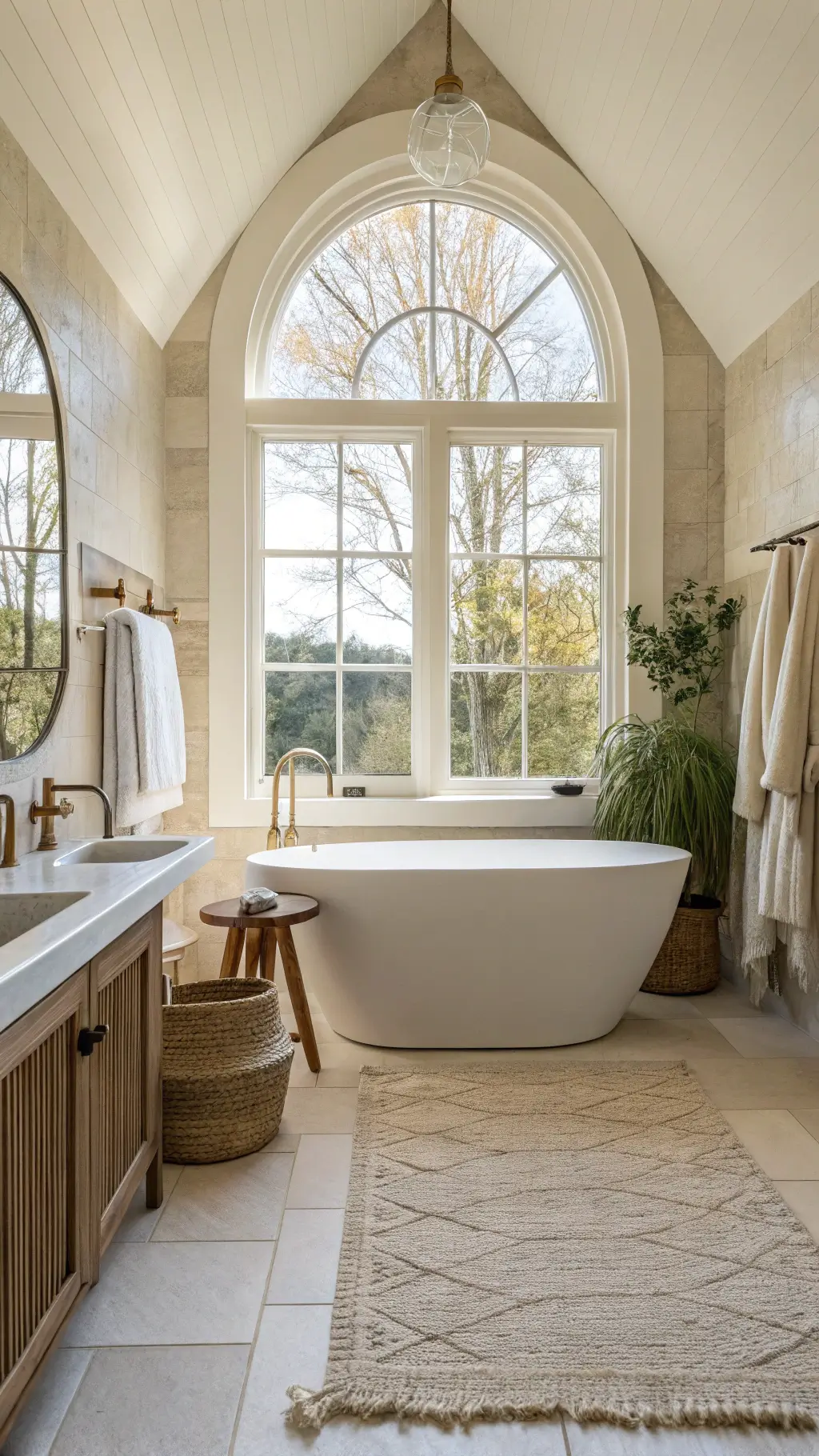 Sunlit bathroom with 10' ceilings, arched window, oval tub, zellige tiles, vintage brass fixtures, and various textured accessories at dawn.