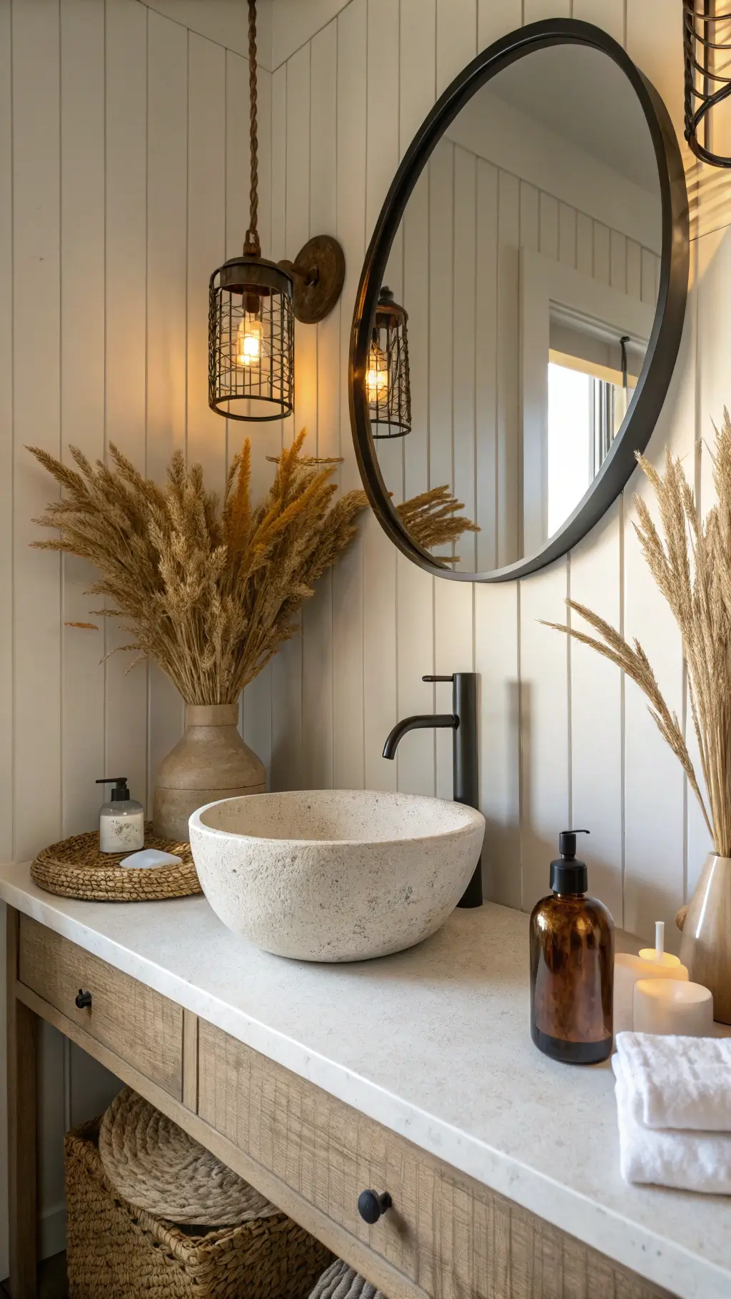Golden hour shot of an intimate powder room with alabaster walls, black-framed round mirror, concrete vanity, speckled cream sink, wheat grasscloth wallpaper, amber glass vessels, pampas grass, and brass hardware.