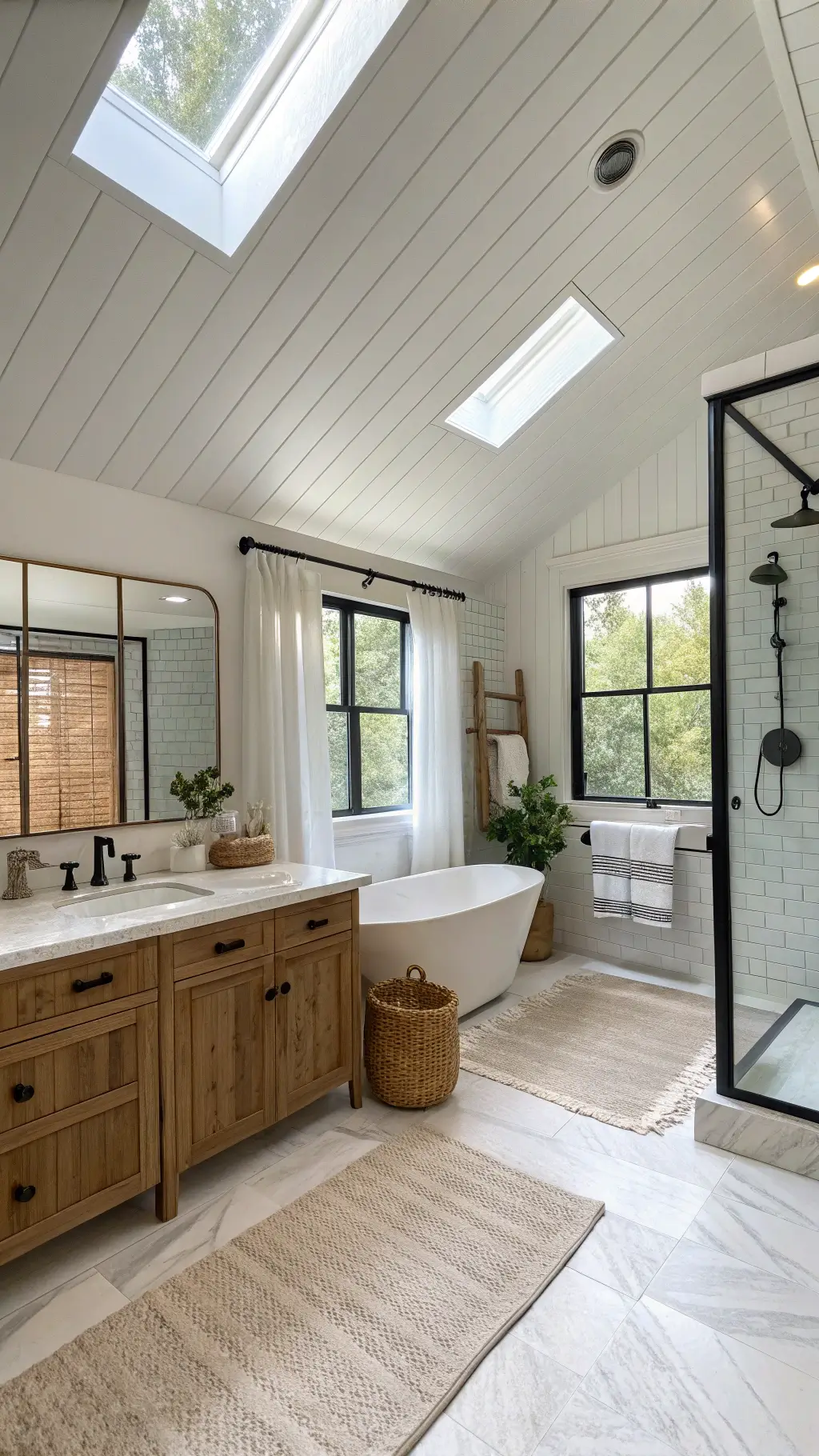 Midday view of a primary bath in modern farmhouse style, featuring a double vanity with Carrara marble top, oversized shower with black grid doors, vaulted shiplap ceiling, white walls and textured elements such as a seagrass basket, a raw linen shower curtain, and a vintage Turkish rug.
