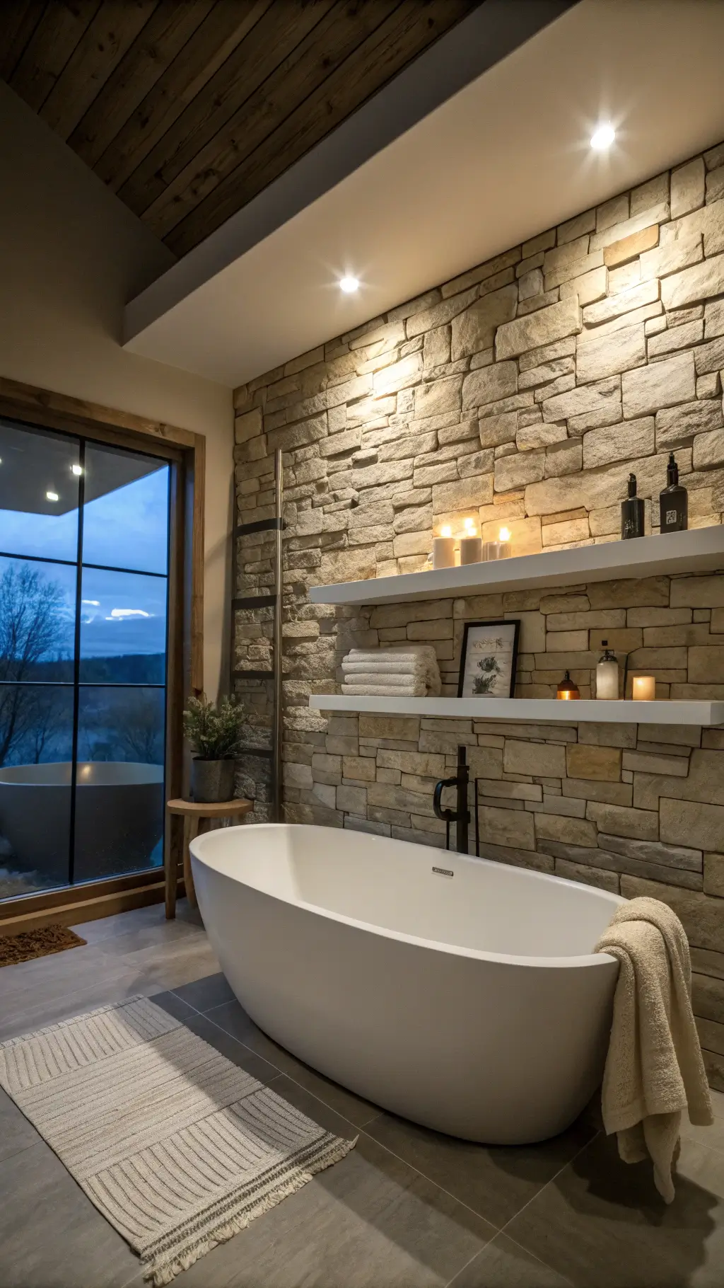Moody spa-inspired bathroom with stacked stone accent wall, freestanding concrete tub, and minimal floating shelves during blue hour