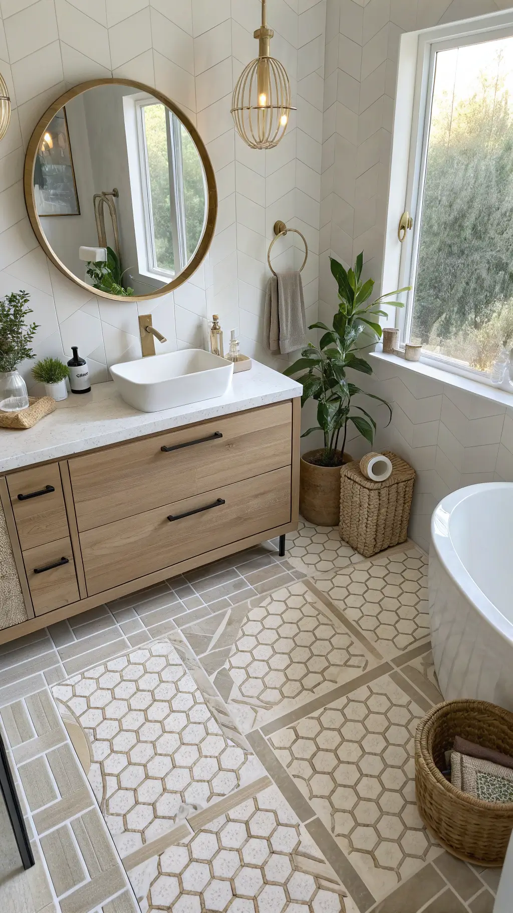 Contemporary bathroom with geometric floor tiles, wall-mounted taupe oak vanity, circular brass mirror, and chic accents under soft, natural lighting