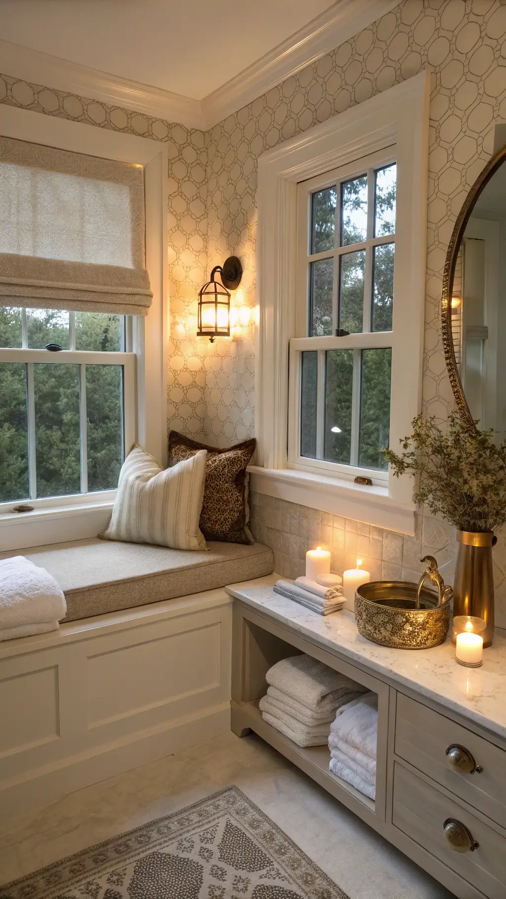 Cozy corner bathroom with built-in window seat styled with a brass mirror, ceramic diffuser, and stacked white towels, bathed in the golden ambience of candlelight at dusk.