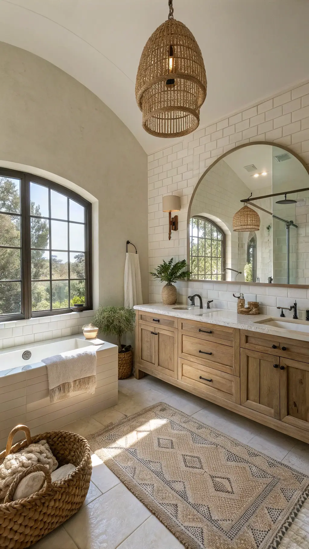 Spacious 11x13' bathroom with natural light highlighting cream zellige tile shower, custom bleached walnut vanity topped with travertine, oversized arched mirror, and pendant light casting shadows over dried botanicals and earthenware vessels on jute rug.