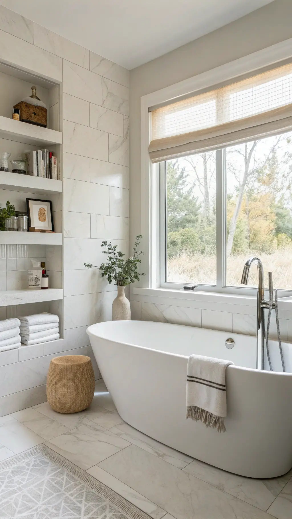 Minimalist bathroom at sunrise with brushed nickel tub filler, seamless bone white porcelain tiles, and a pale ash floating shelf displaying curated objects, with dawn light streaming through sheer windows.