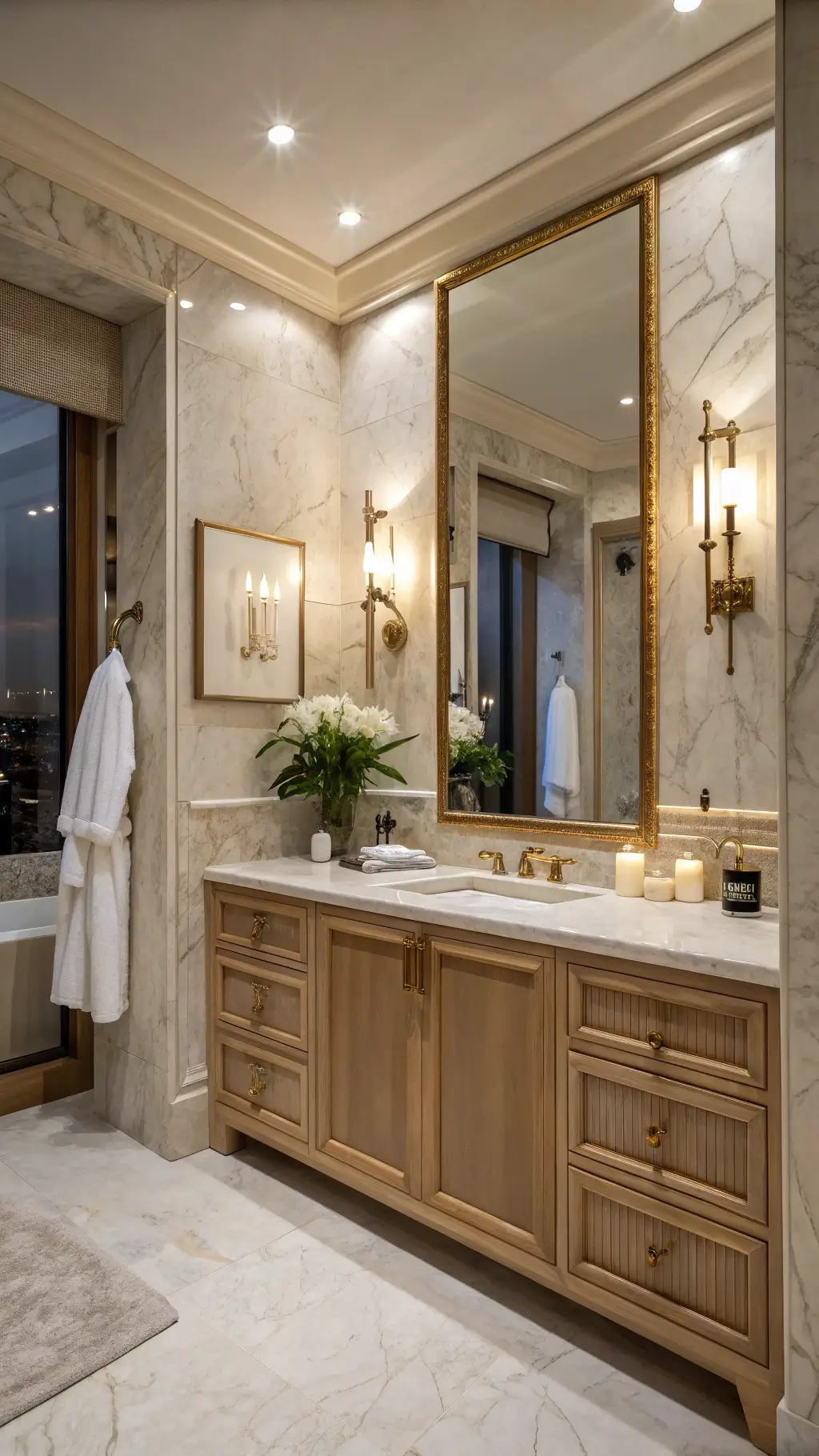 Luxurious 10x14' primary bath at twilight featuring marble-clad walls, custom oak vanity with brass hardware, oversized mirror with integrated lighting, crystal decanters, plush robes, orchid plant, and sophisticated uplighting.