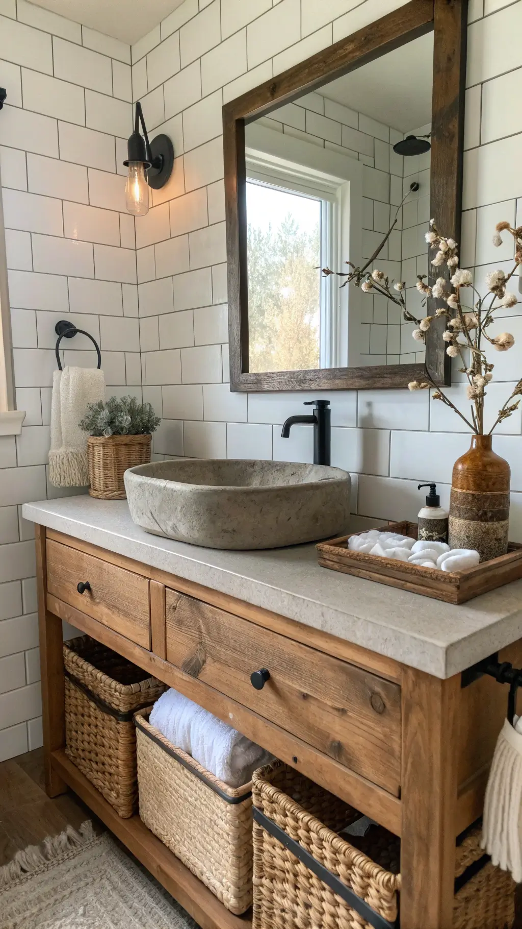 Reclaimed wood vanity with concrete sink in a rustic modern bathroom illuminated by morning light, accentuated by warm white subway tiles, black industrial faucet and mirror, styled with woven baskets, cotton runner, and preserved olive branches